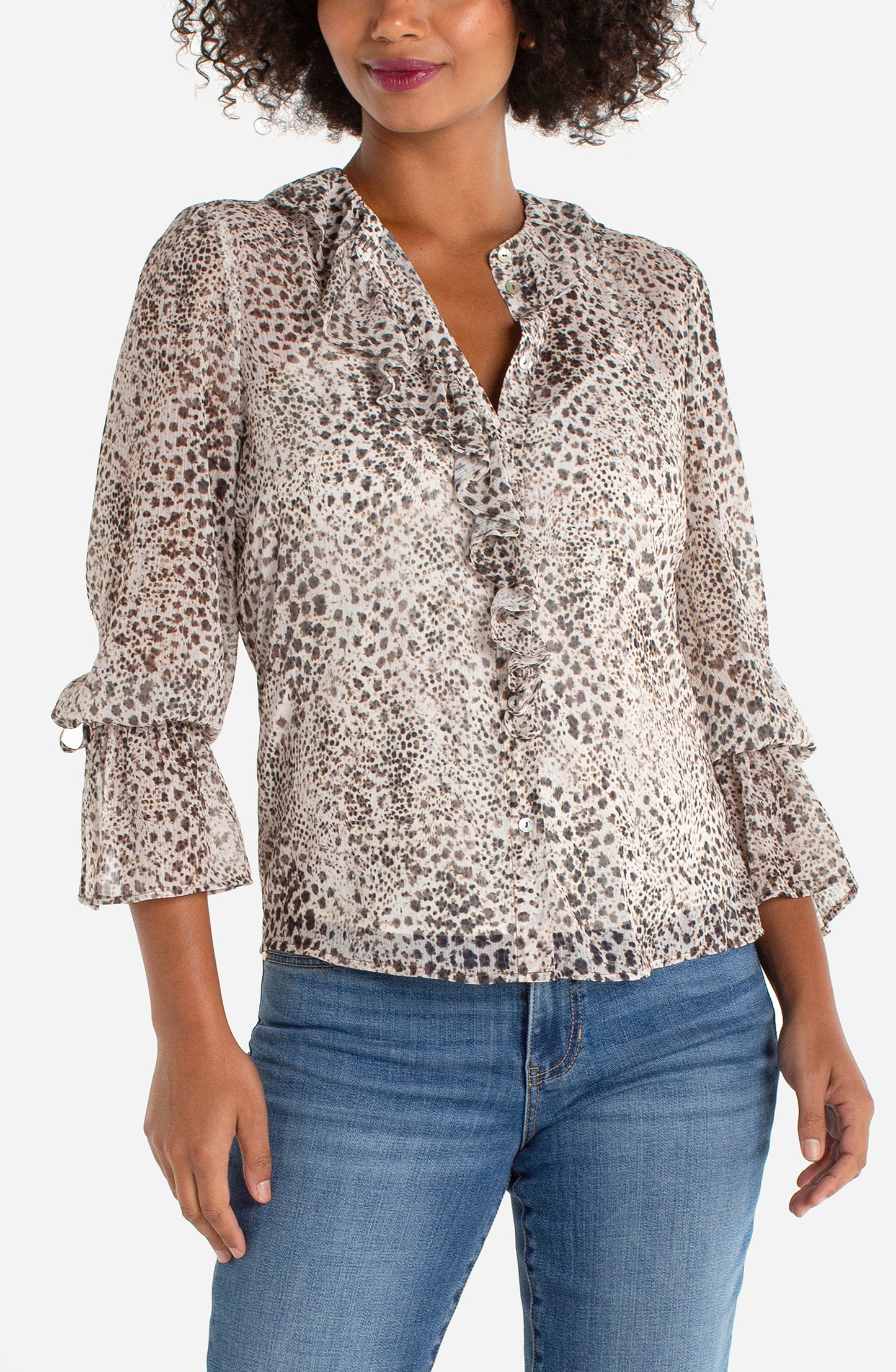 Liverpool Long Sleeve Ruffle Front Woven Shirt