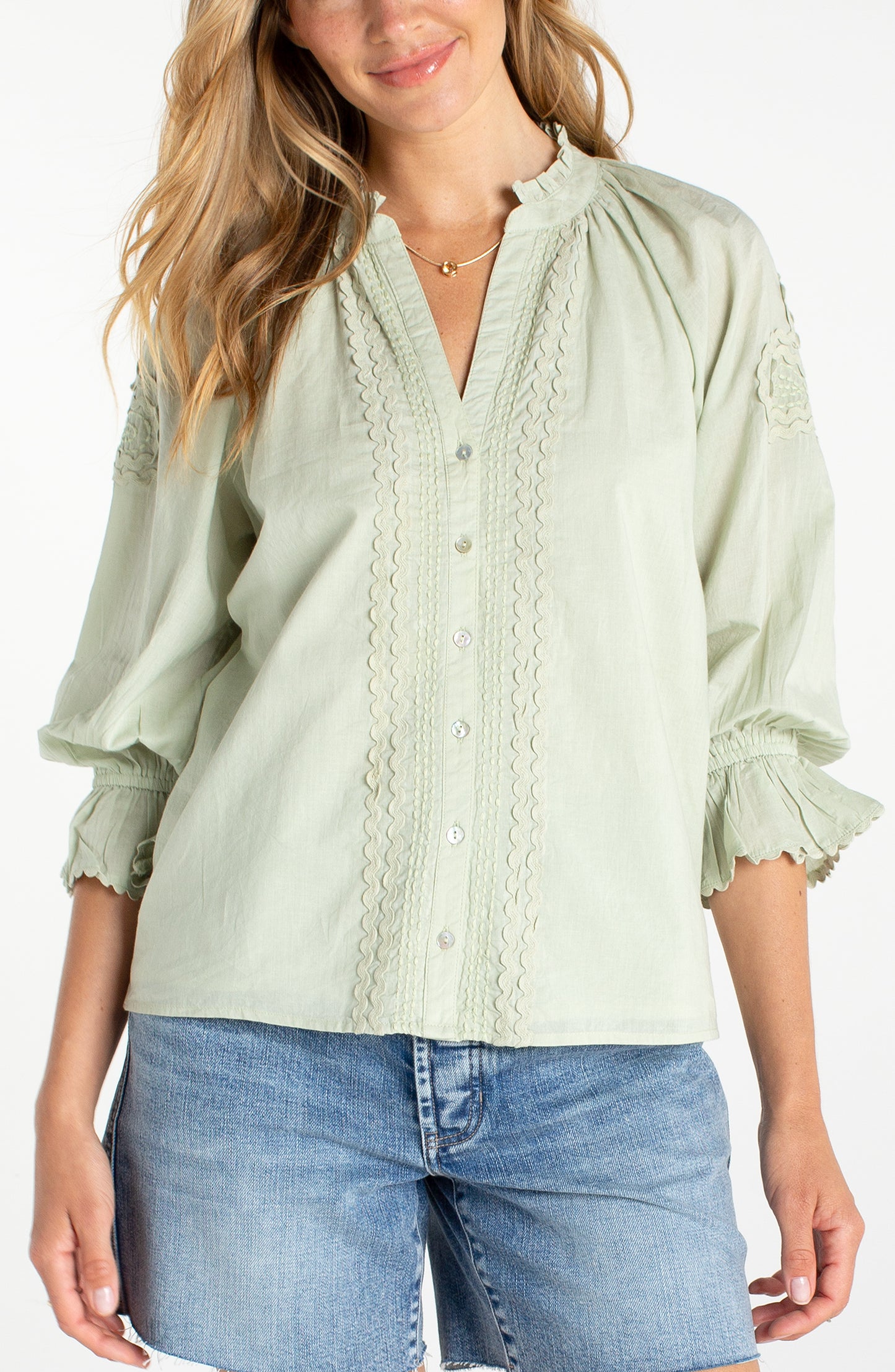 Liverpool 3/4 Sleeve Button Front Woven Top W/ Embroidery
