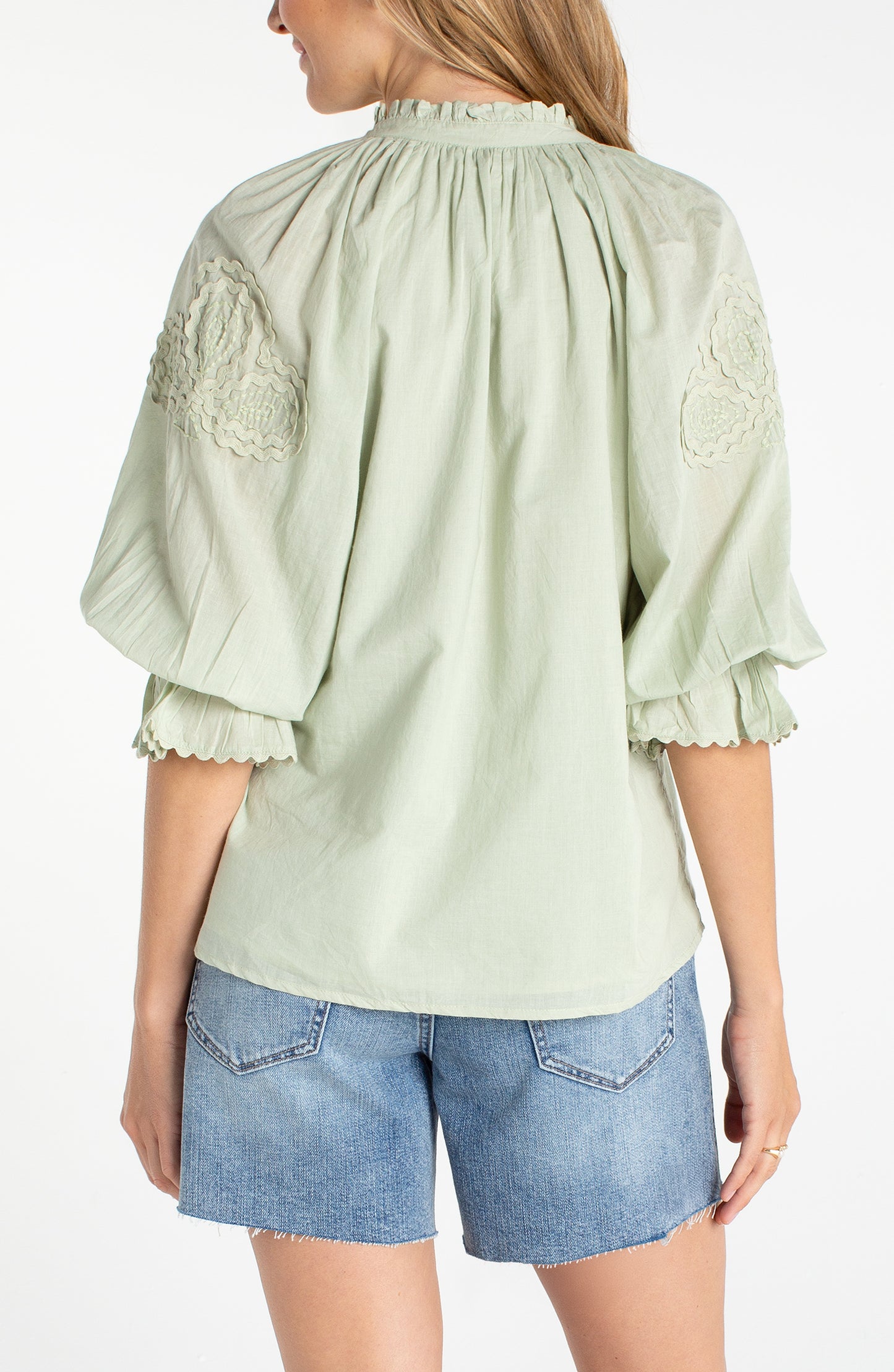 Liverpool 3/4 Sleeve Button Front Woven Top W/ Embroidery