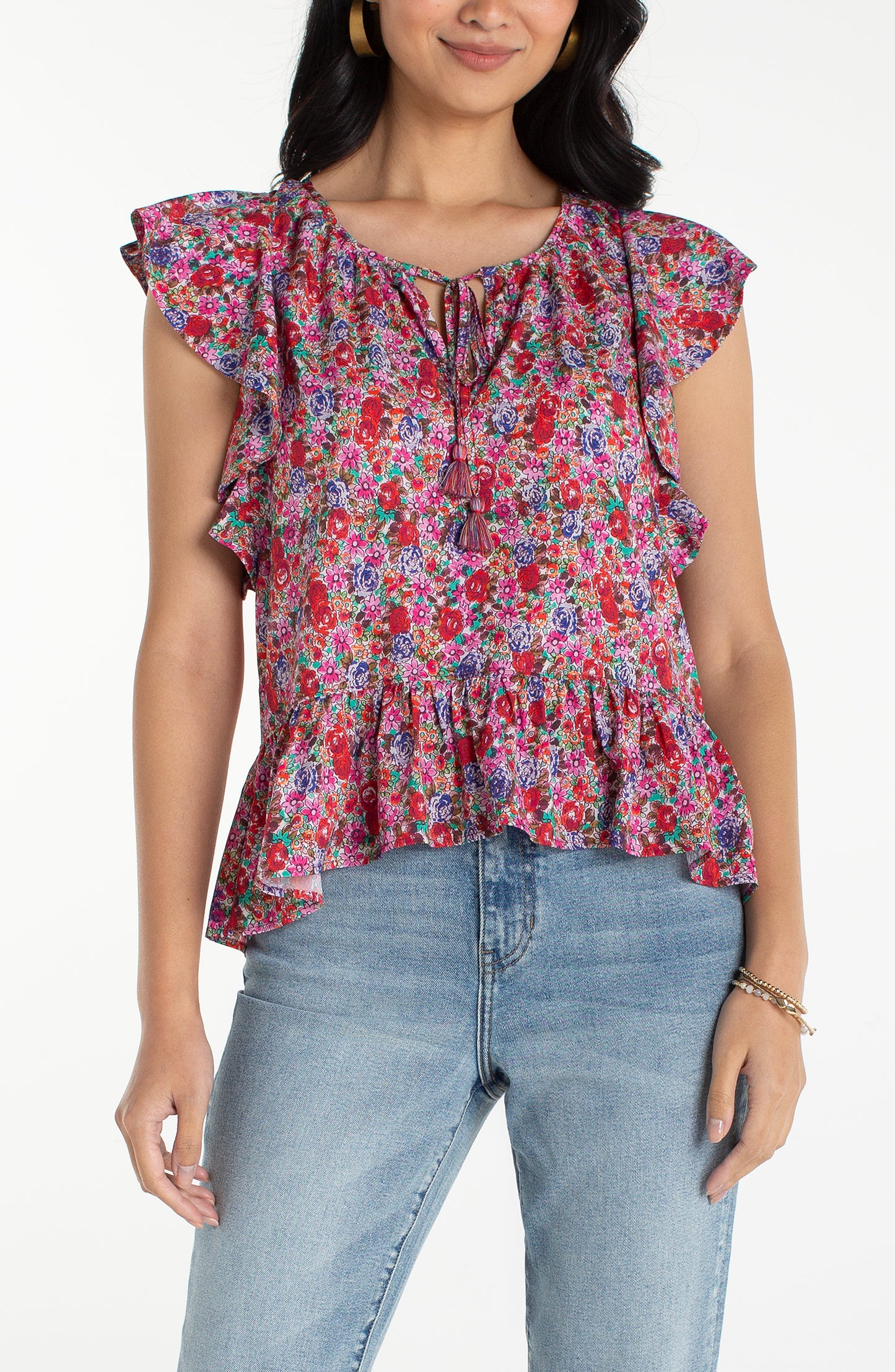 Liverpool Flutter Sleeve Peplum Woven Top W/ Ties