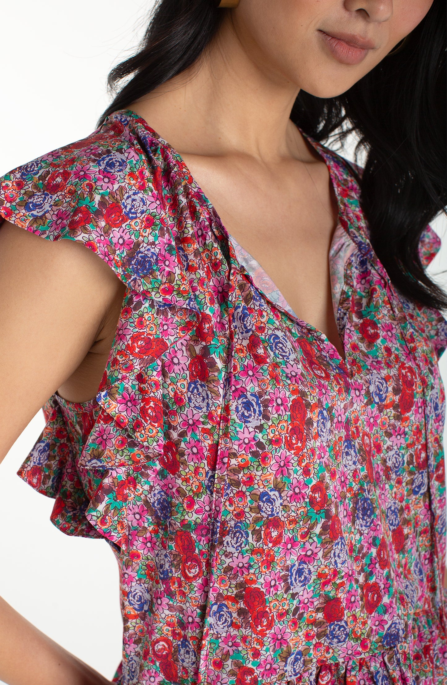 Liverpool Flutter Sleeve Peplum Woven Top W/ Ties