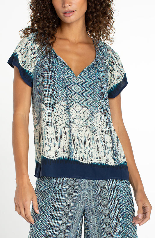 Liverpool Short Sleeve Woven Top W/ Tie Front Detail