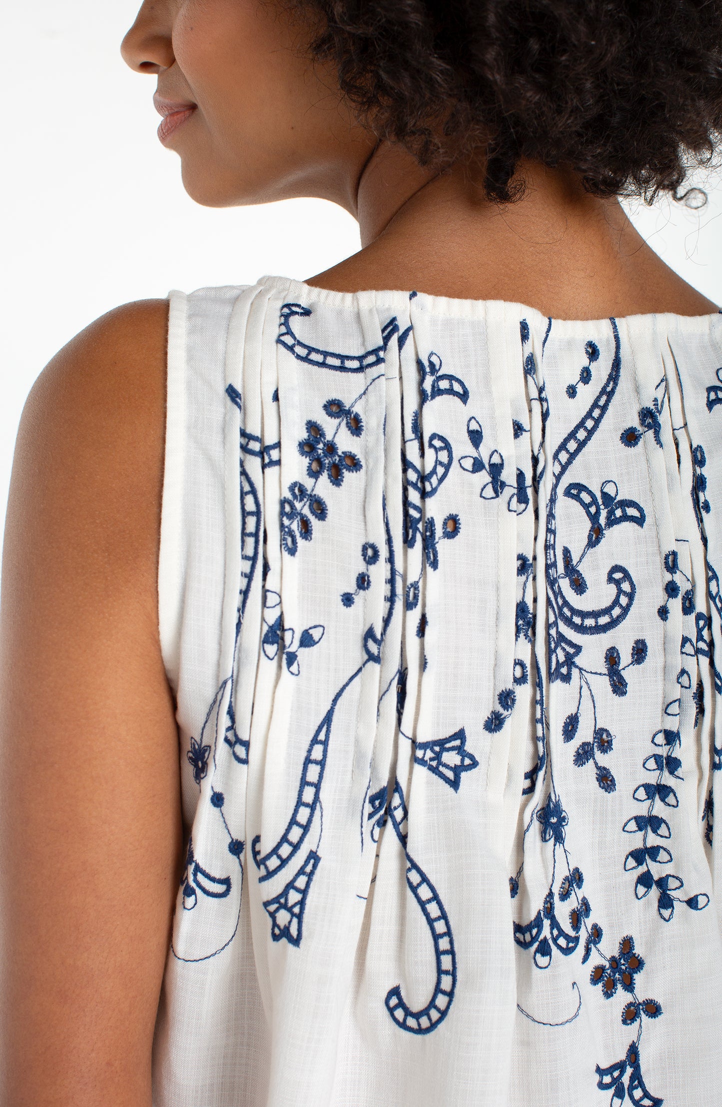 Liverpool Sleeveless Boatneck Woven Top W/ Pintucks