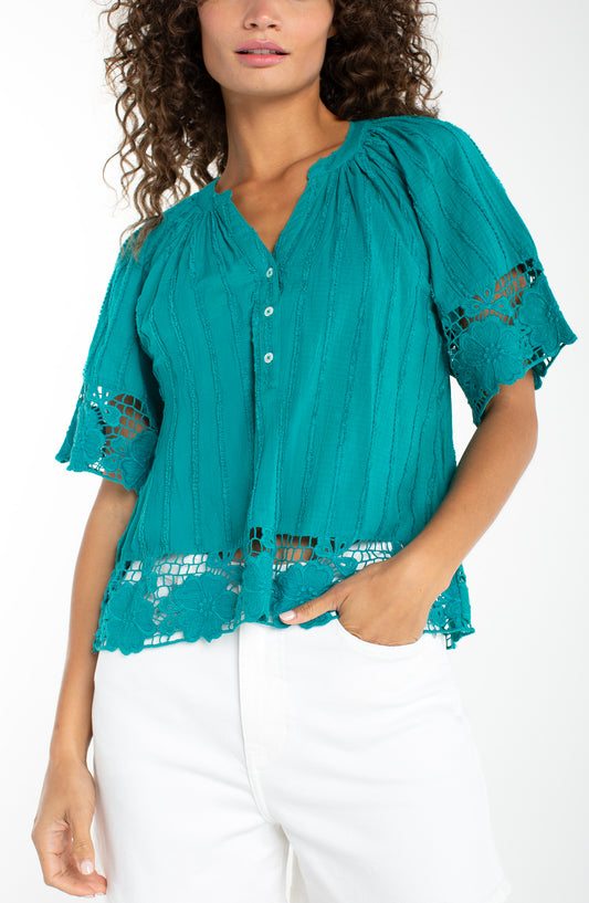 Liverpool Short Sleeve Woven Top W/ Lace