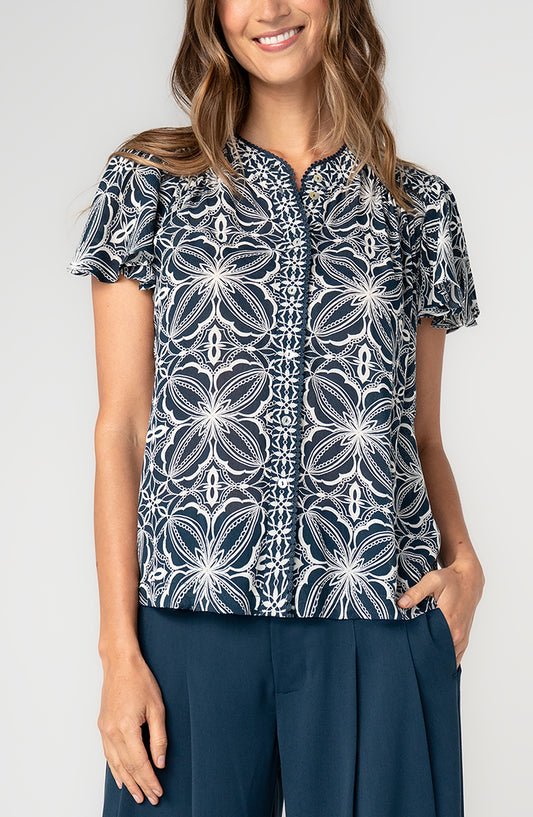 Liverpool Flutter Sleeve Mix Print Button Front Woven Top