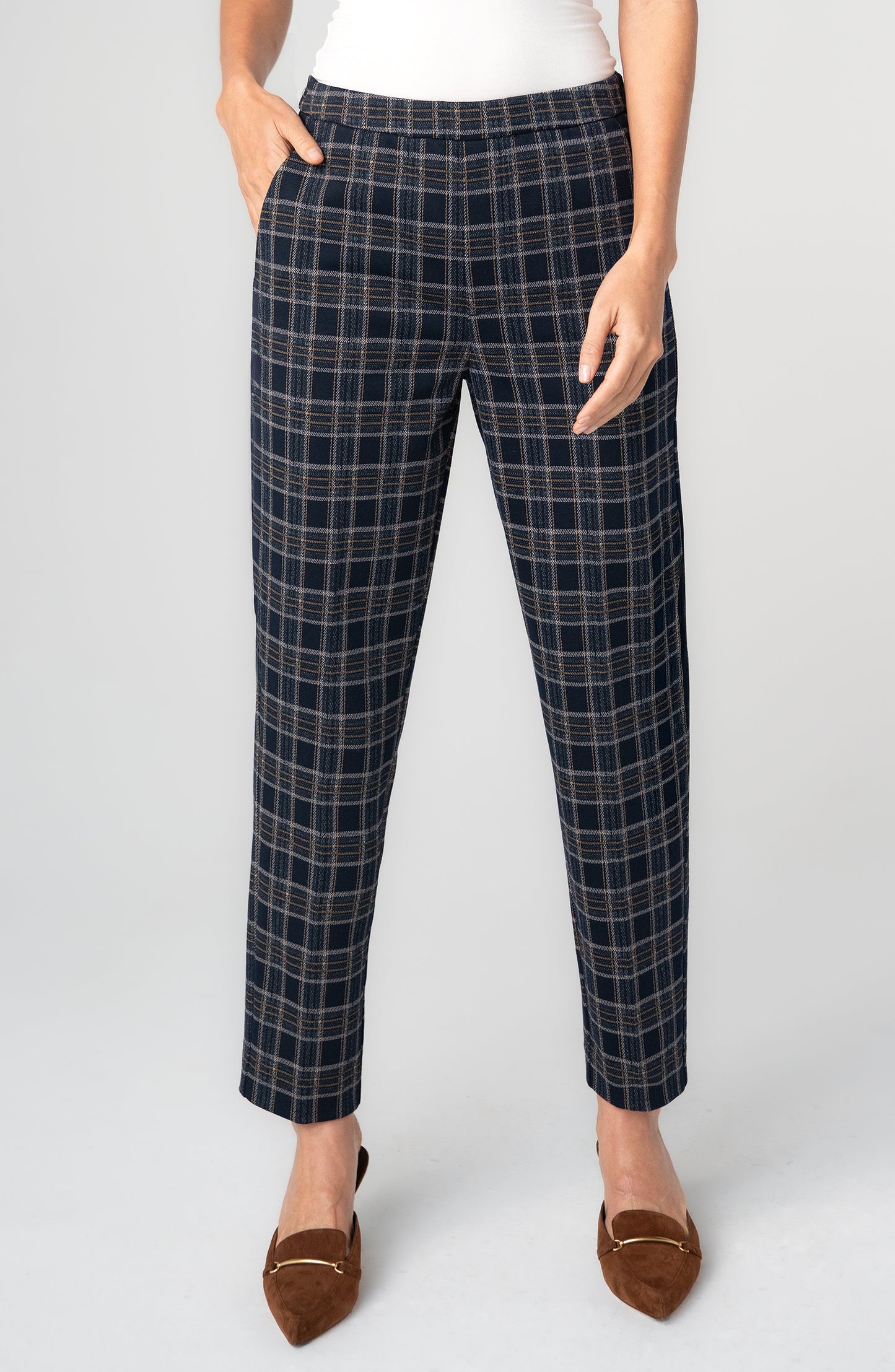 Kayla Pull-on Trouser (28" Inseam) (Navy/Tan Plaid)