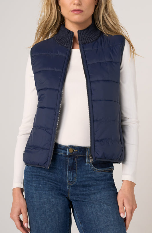 Liverpool Sleeveless Reversible Zip Front Quilted Sweater Vest (Heather Navy)