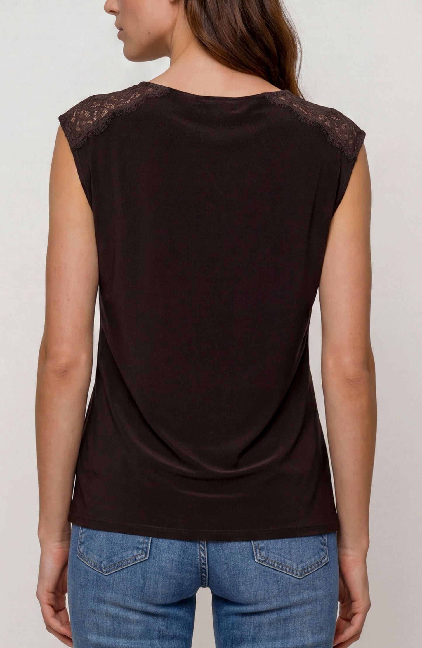 Liverpool Draped Neck Sleeveless Knit Top W/ Lace