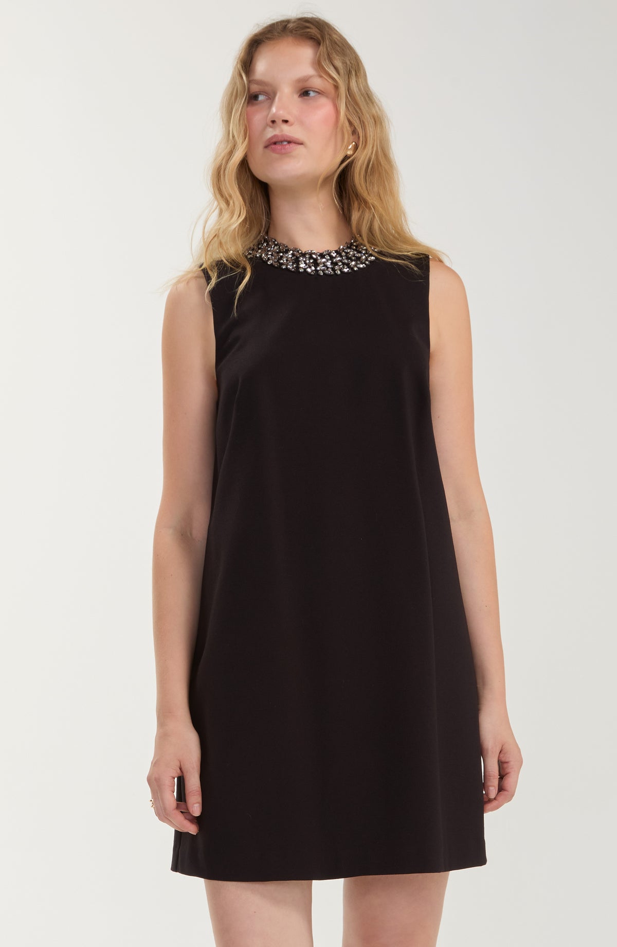 Liverpool Sleeveless Dress W/ Embellished Neck
