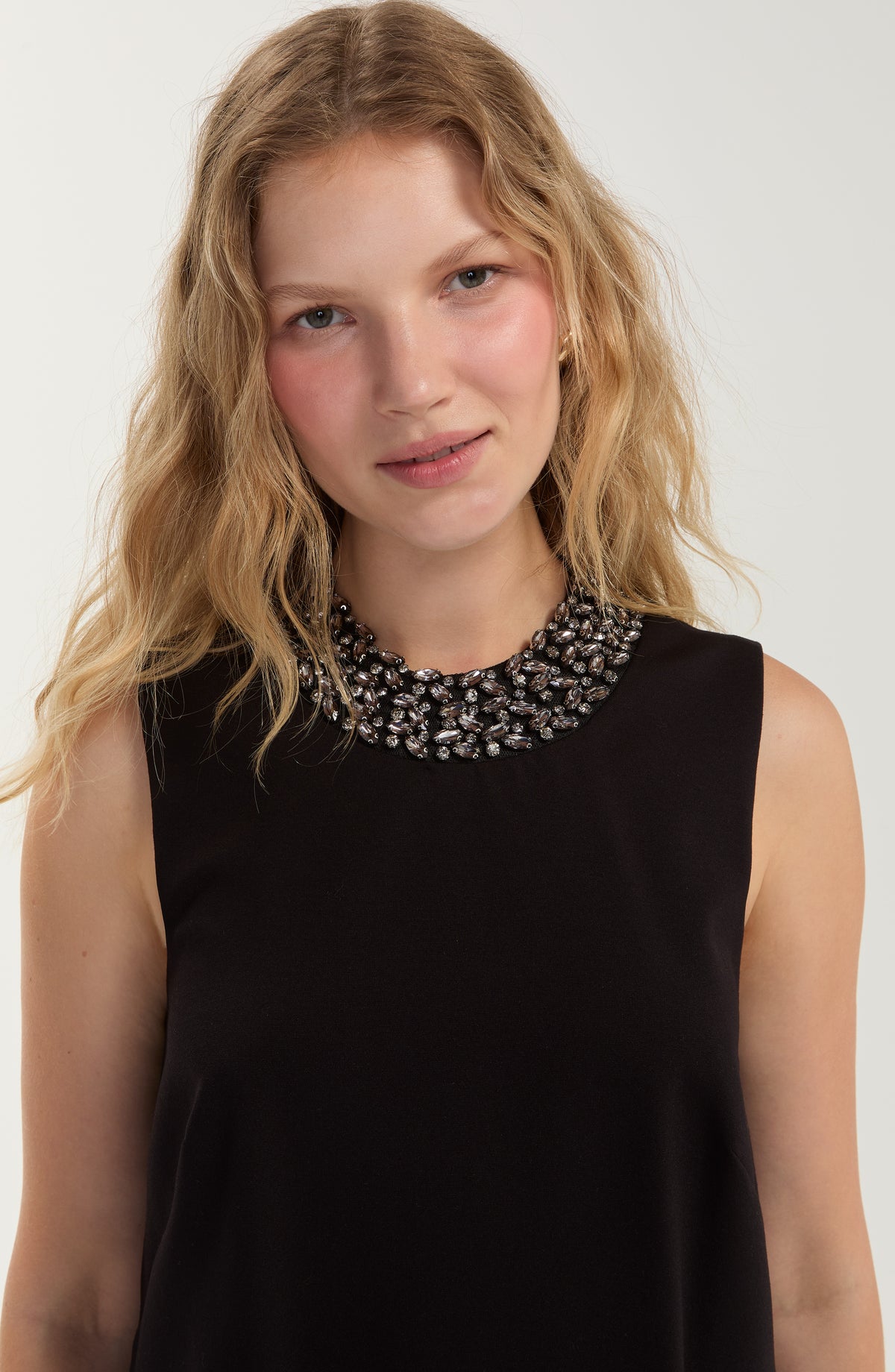 Liverpool Sleeveless Dress W/ Embellished Neck