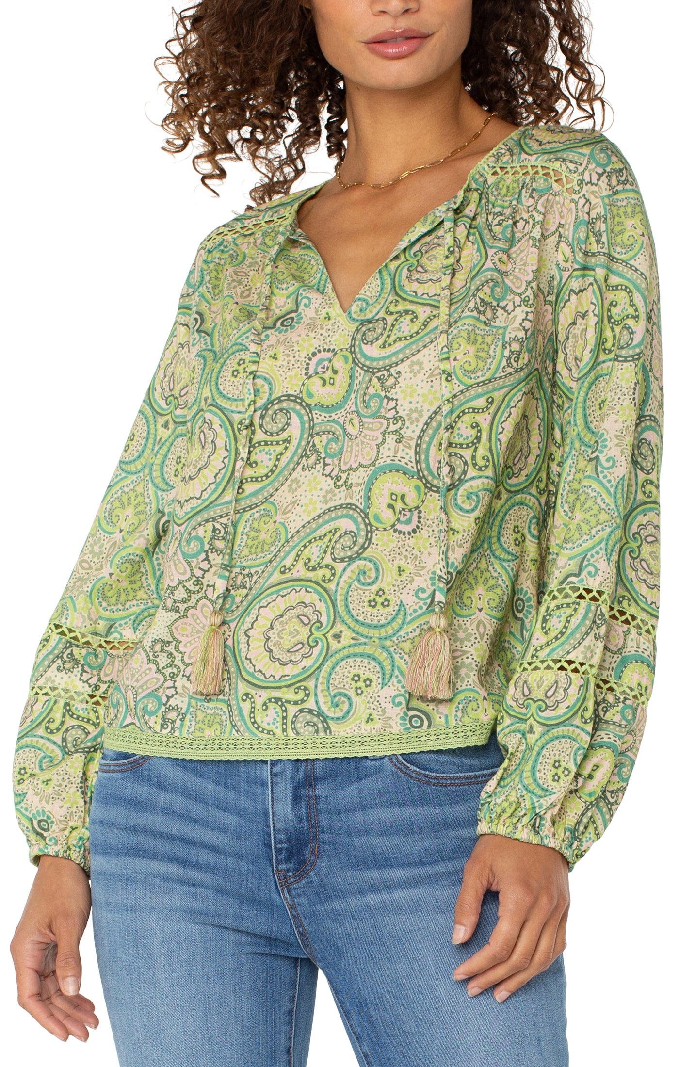 Liverpool Long Sleeve Shirred Woven Tie Front Top with Trim (Green Pink Paisley)