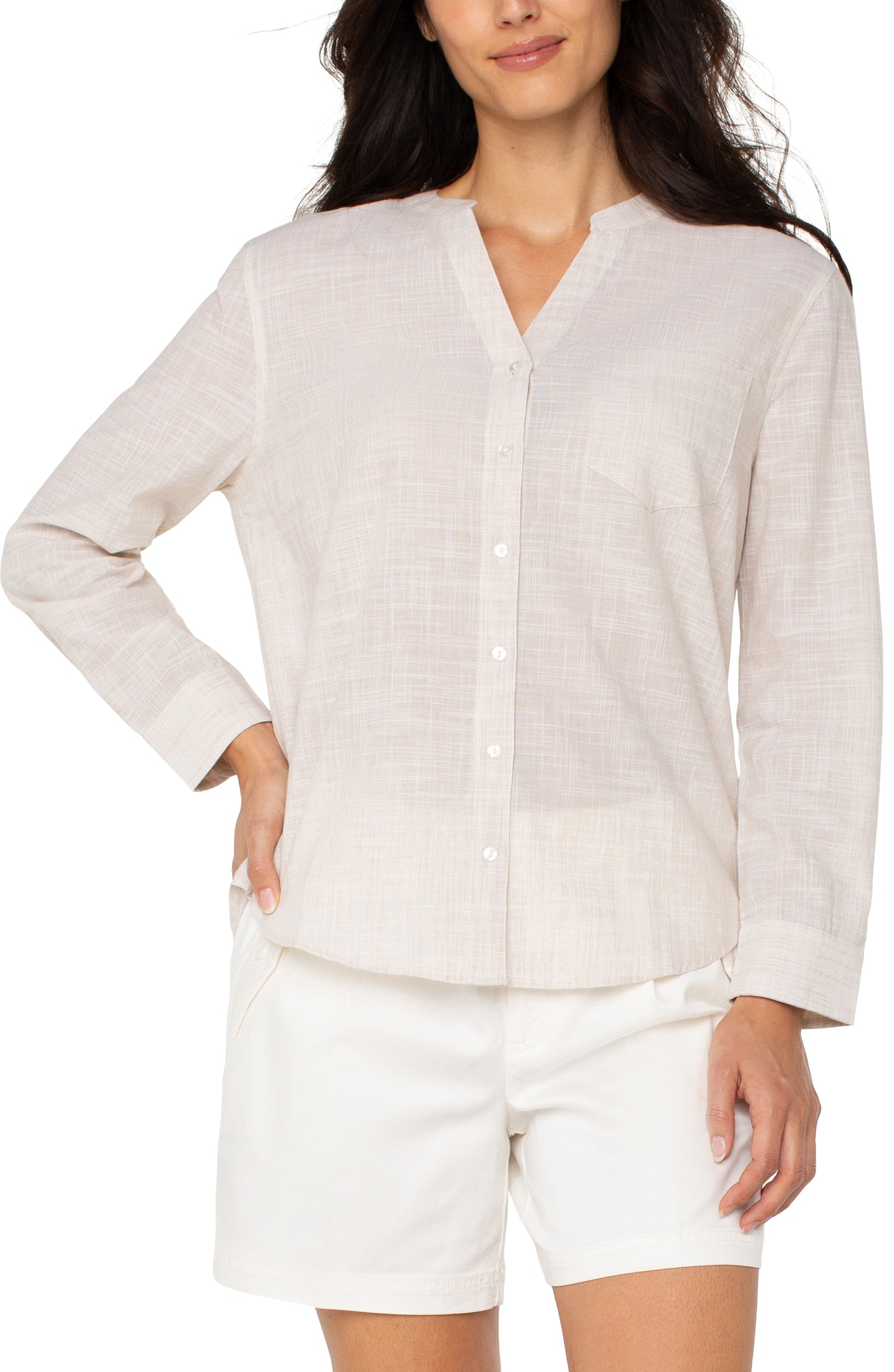 Liverpool Long Sleeve Button Front Woven Shirt w/ Banded Collar (Tan White)