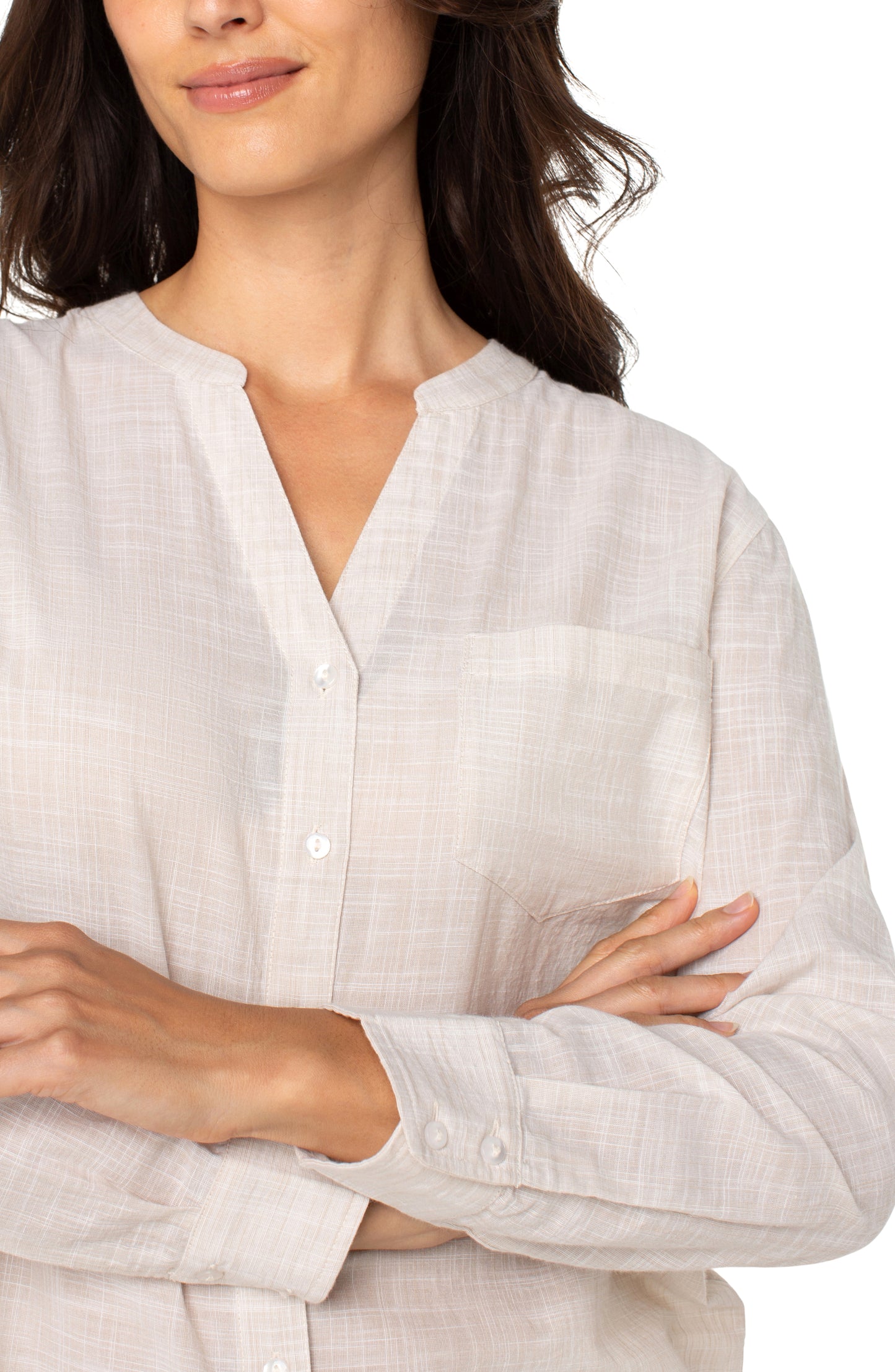 Liverpool Long Sleeve Button Front Woven Shirt w/ Banded Collar (Tan White)