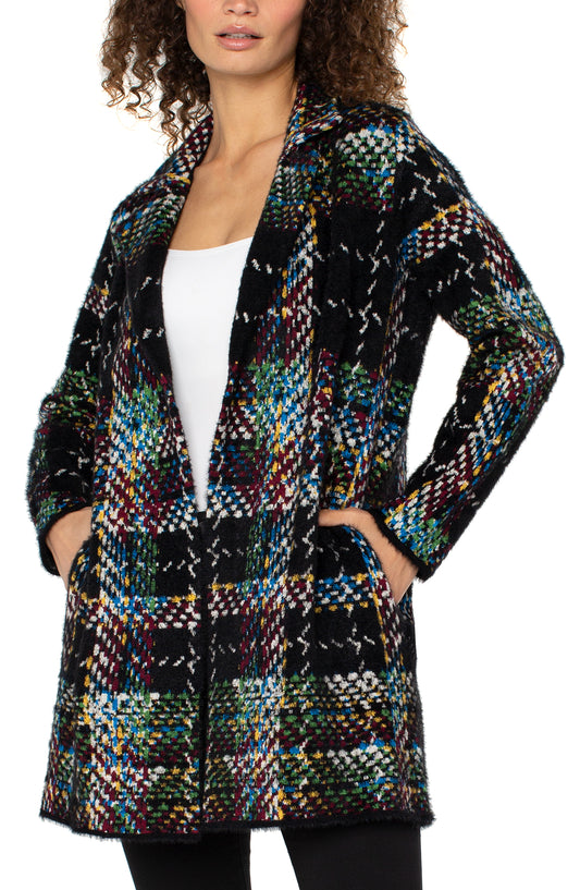 Liverpool Long Sleeve Collarless Open Front Sweater Coat (Black Multi Plaid)