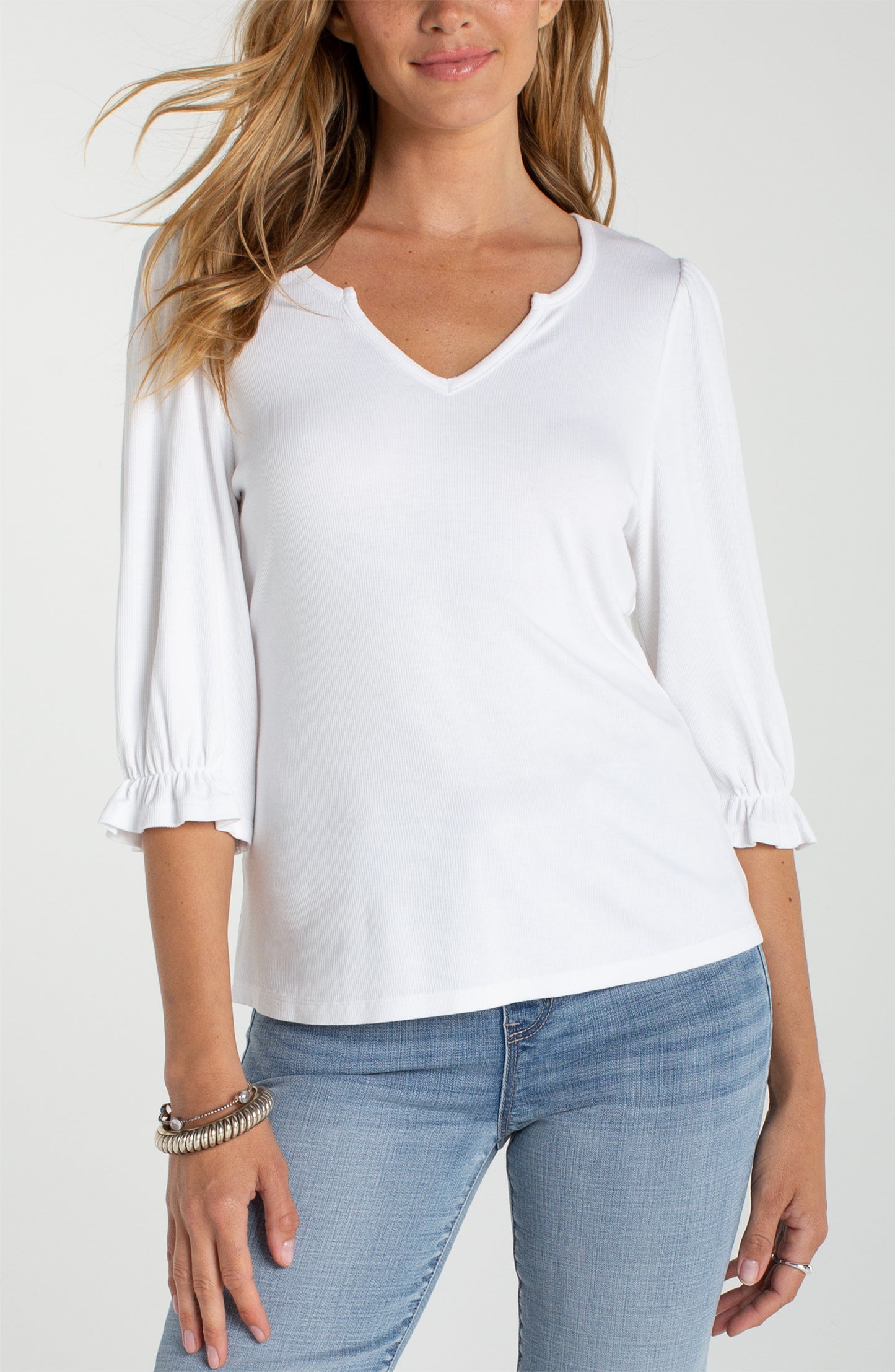 Liverpool Elbow Sleeve Notch Knit Tee (Cream)