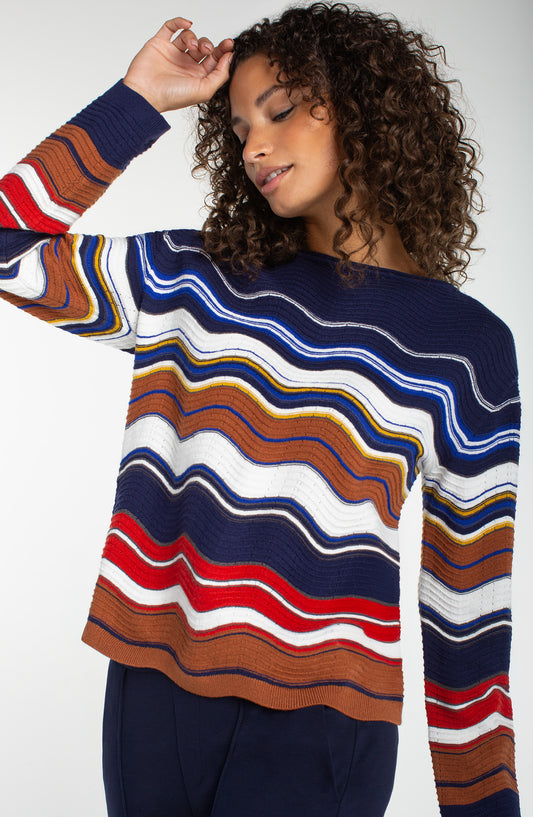 Liverpool Long Sleeve Boat Neck Scallop Hem Sweater (Navy Brown Multi Stripe)