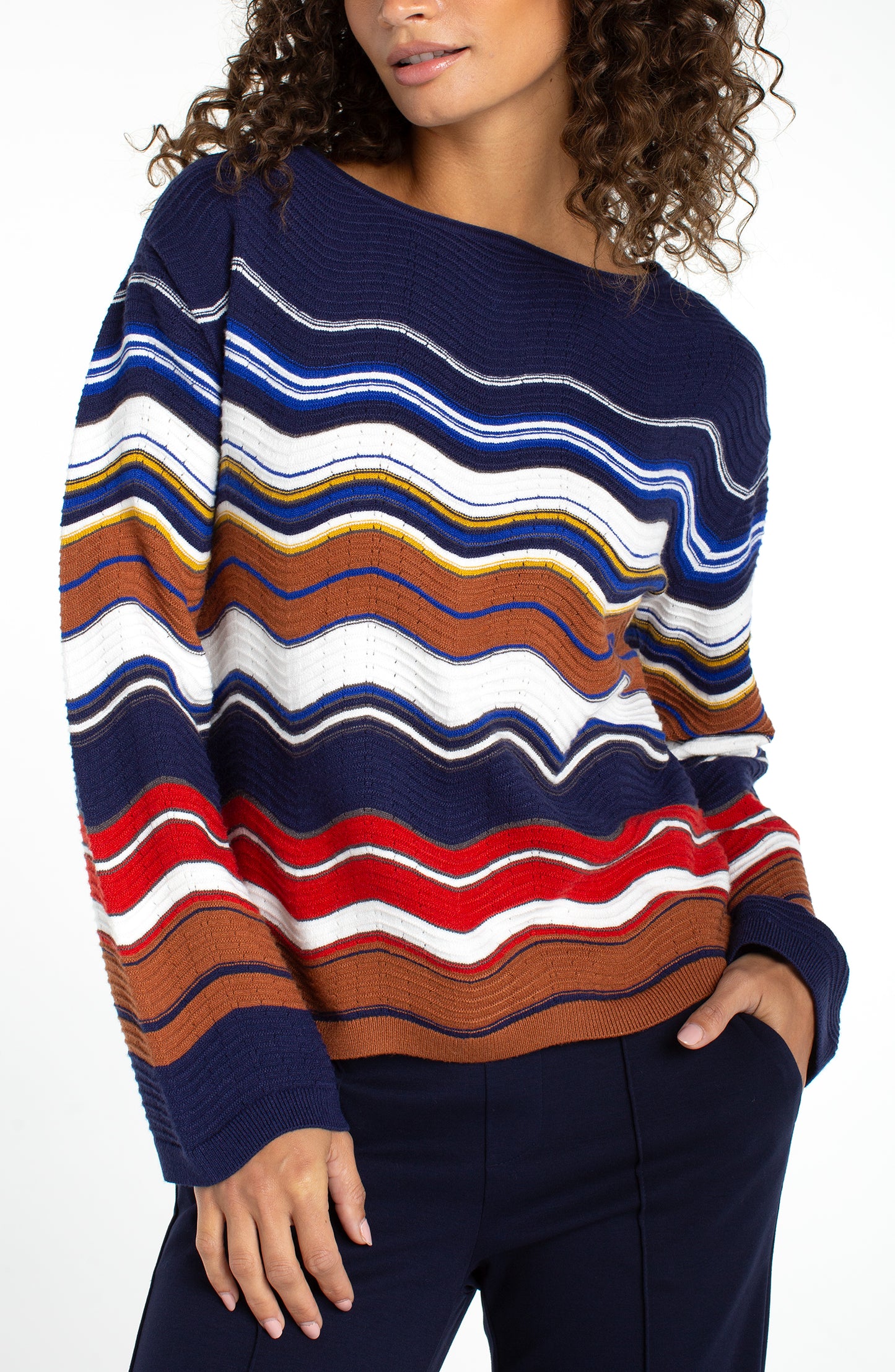 Liverpool Long Sleeve Boat Neck Scallop Hem Sweater (Navy Brown Multi Stripe)