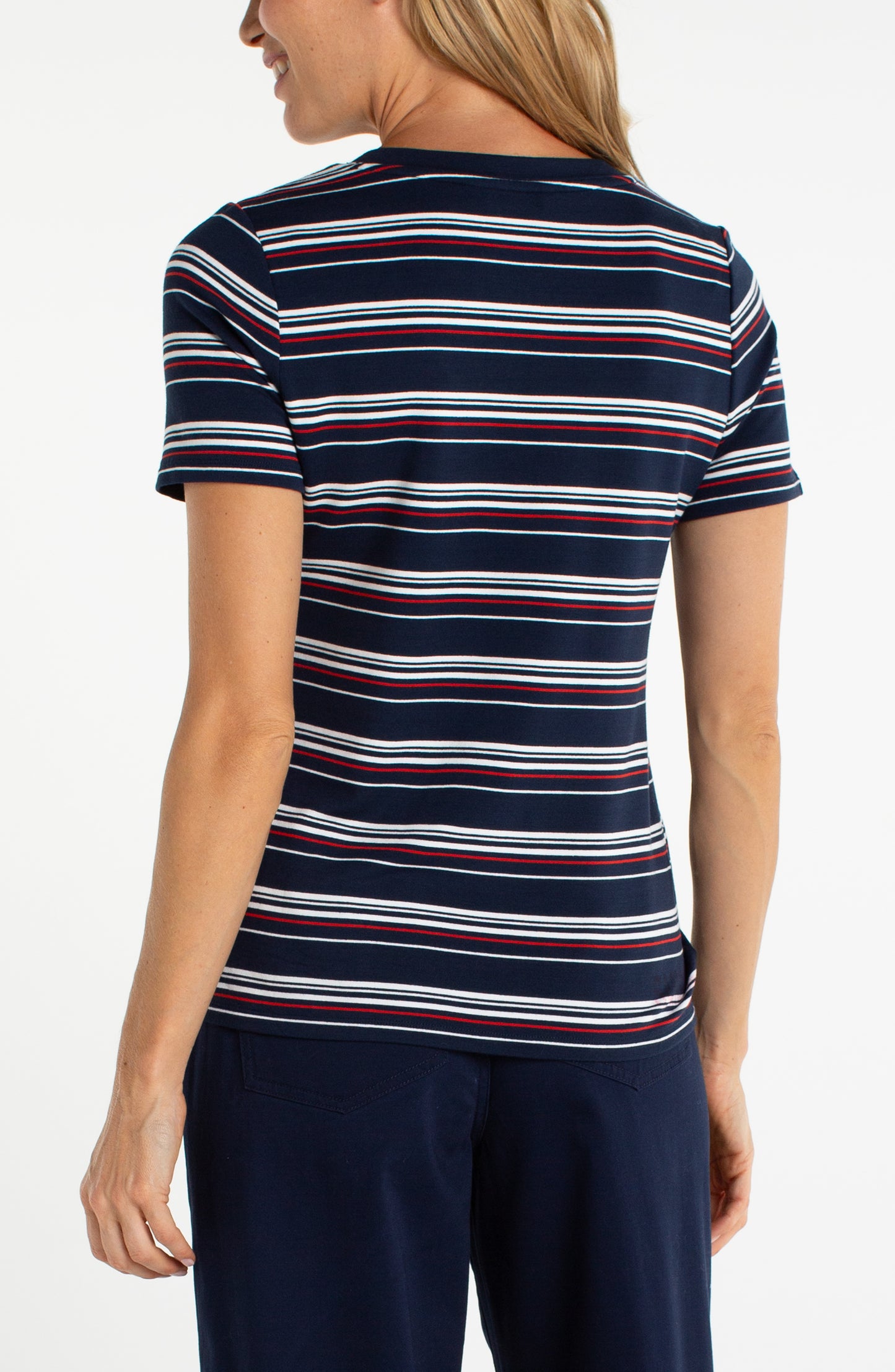 Liverpool Short Sleeve V-neck Knit Tee (Dark Navy White Fire Brick Stripe)