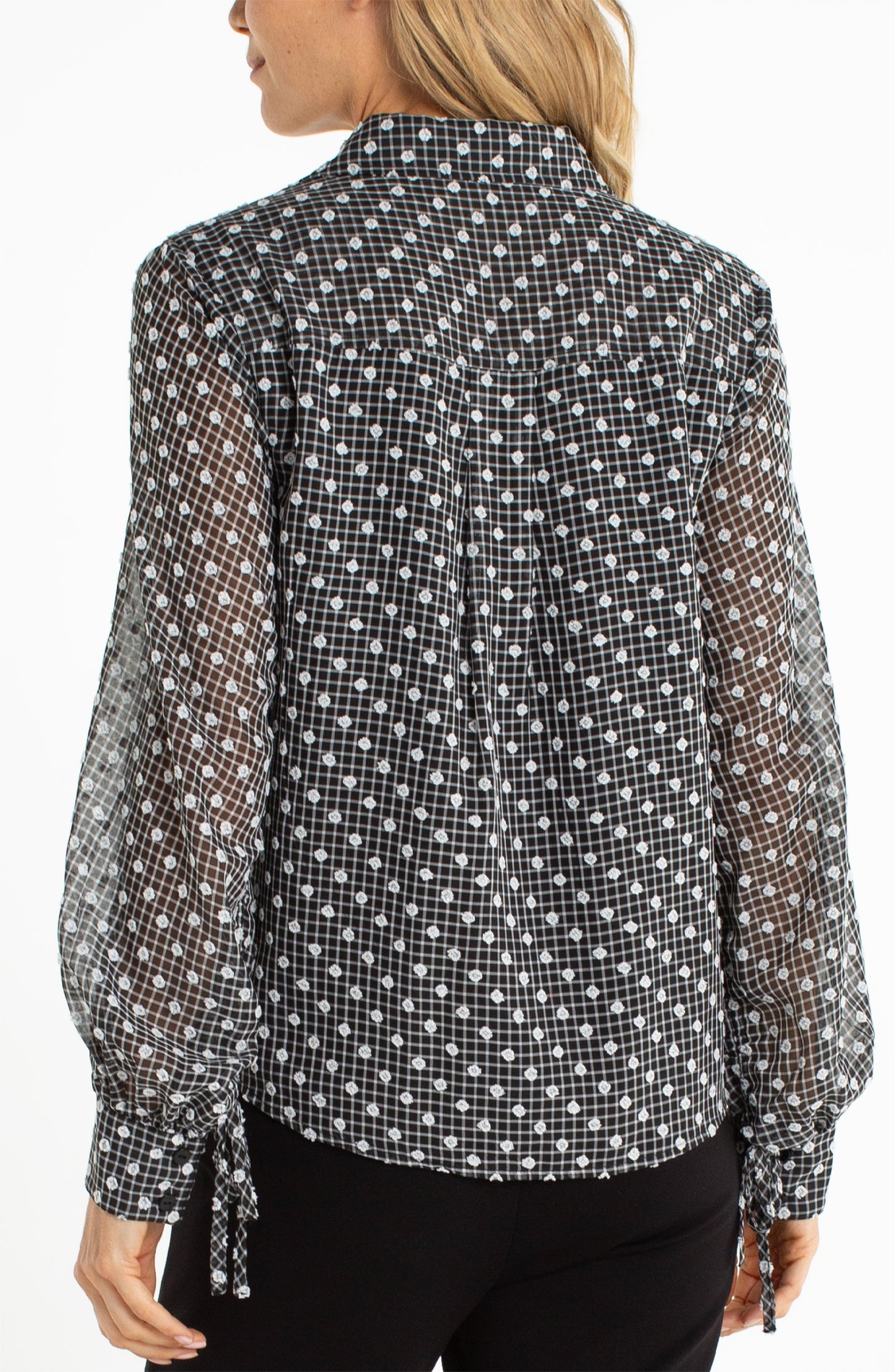 Liverpool Long Sleeve Collared Woven Blouse w/ Sleeve Tie Detail (Black and White Plaid)