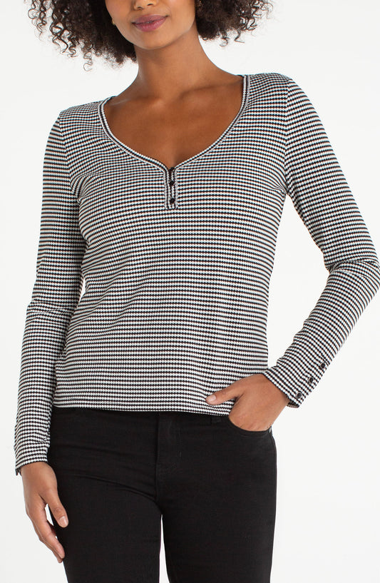 Liverpool 3/4 Button Sleeve Henly Knit Top (Black and White Stripes)