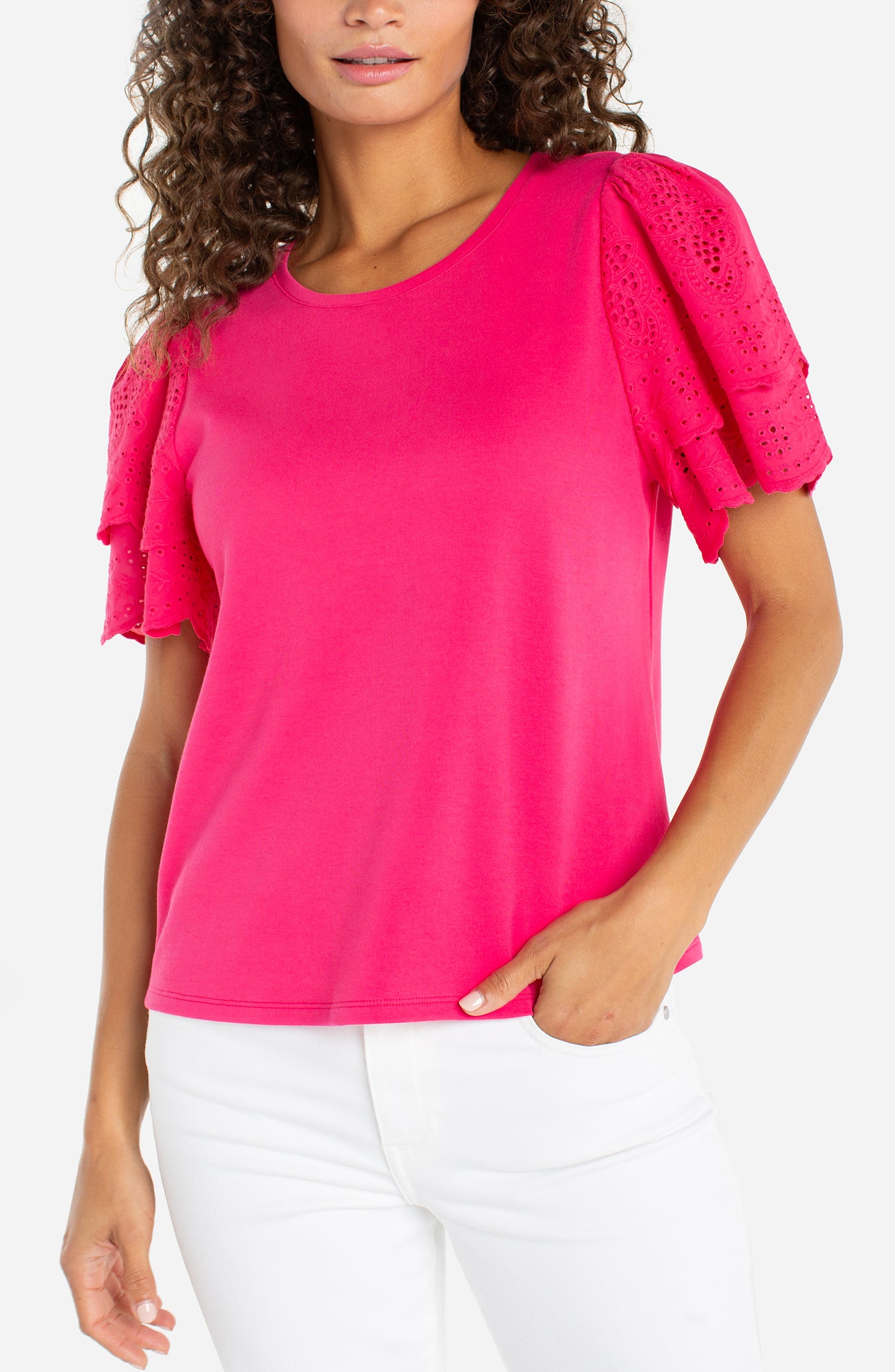 Liverpool Short Sleeve Knit-to-Woven Top w/ Embroidery (Diva Pink)