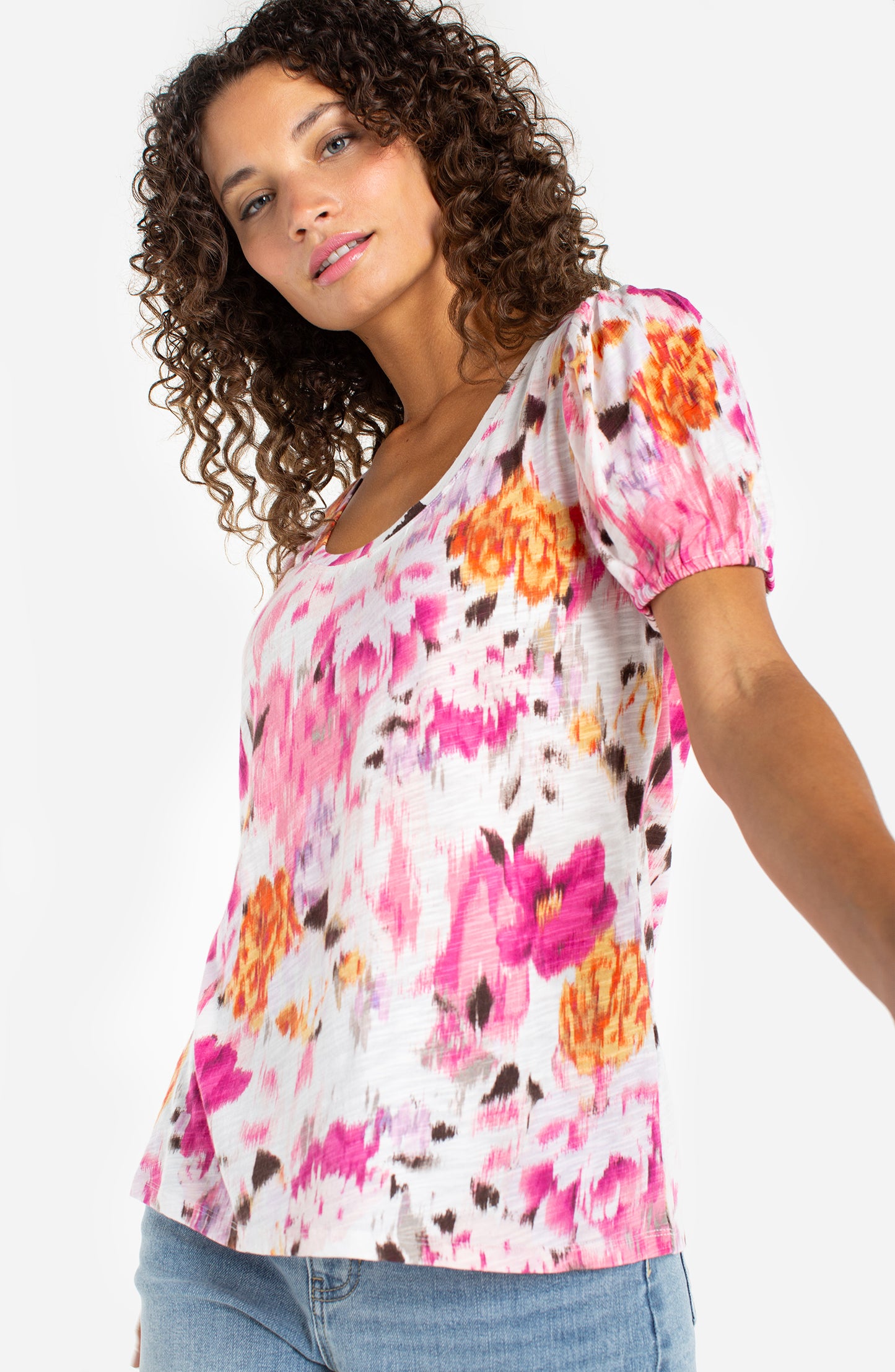 Liverpool Puff Sleeve Scoop Neck Knit Top (Pink Multi Floral)