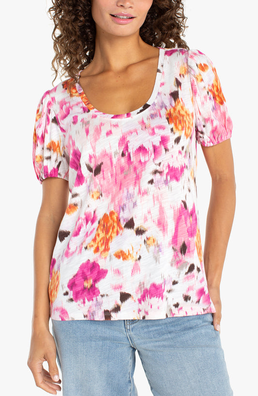 Liverpool Puff Sleeve Scoop Neck Knit Top (Pink Multi Floral)
