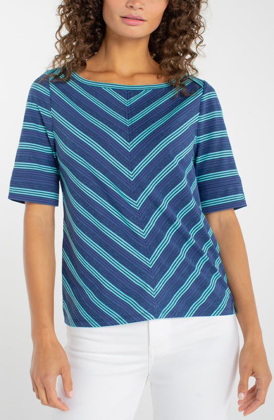 Liverpool 1/2 Sleeve Fold Over Boat Neck Knit Top (Navy Teal Stripe)