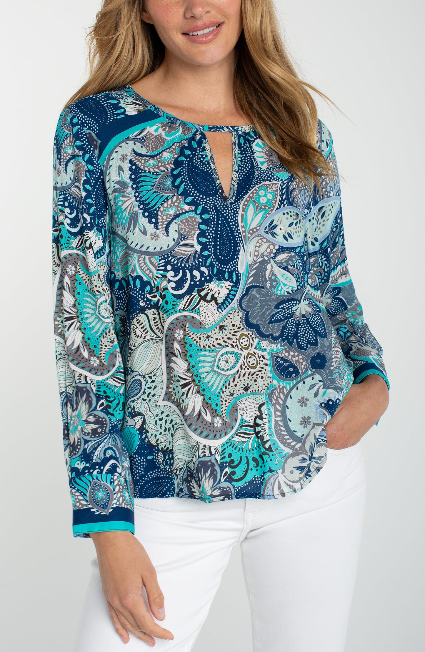 Liverpool Long Sleeve Woven Top w/ Keyhole Neckline (Aqua Blue Multi)
