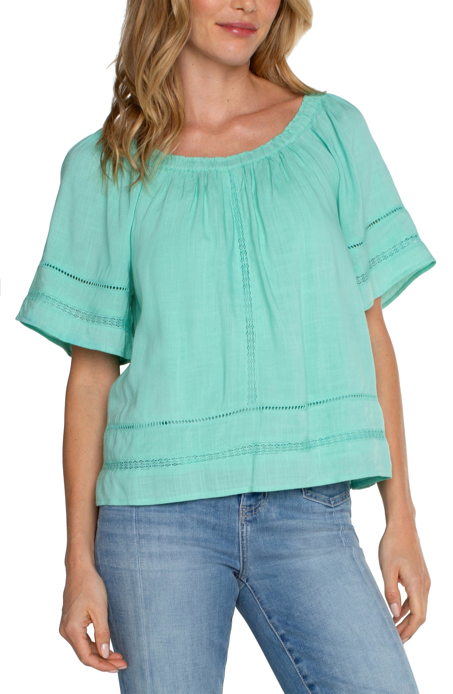 Liverpool Cropped Bell Sleeve Top w/ Lace Trim (mint)