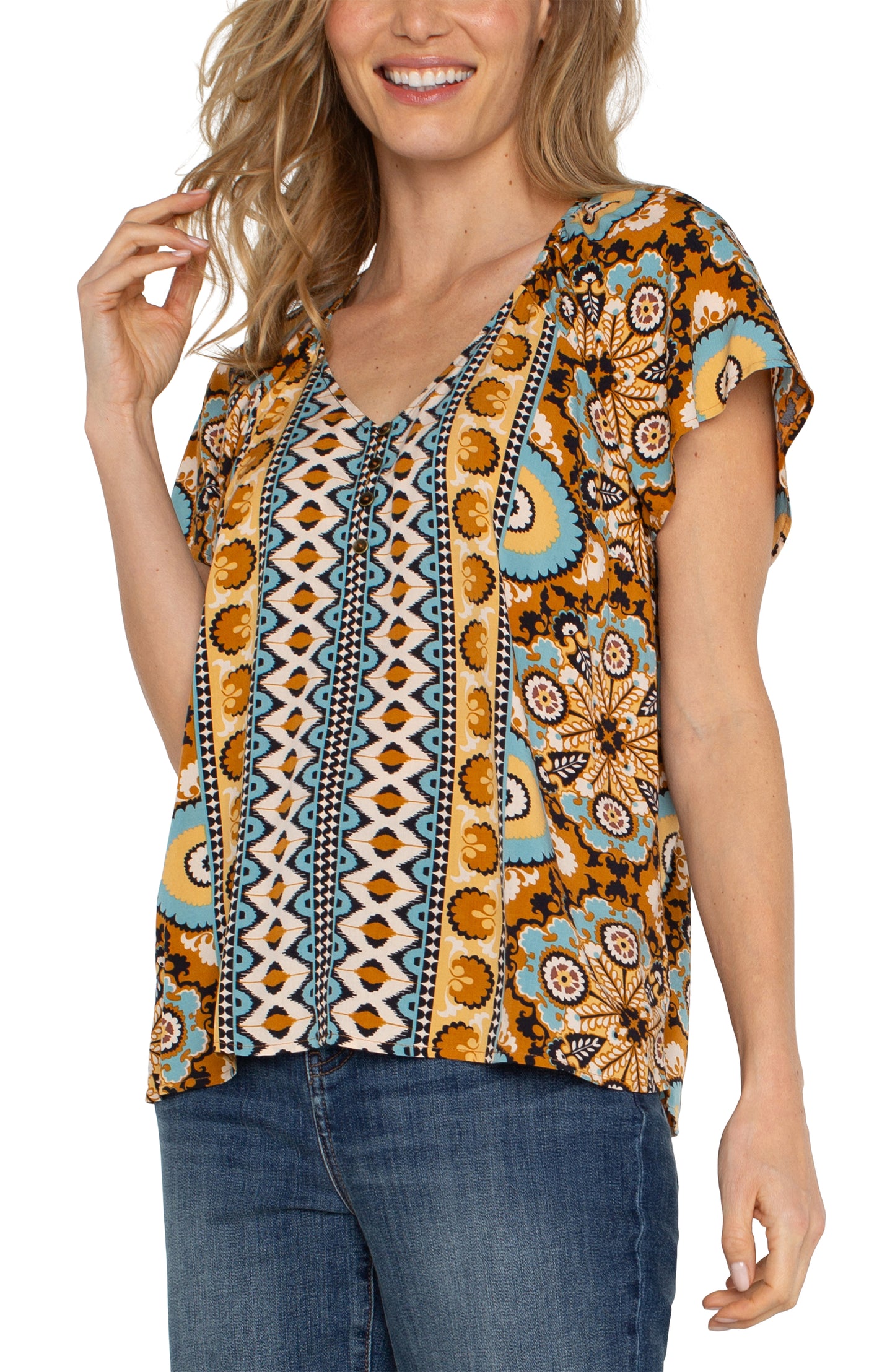 Liverpool Short Flutter Sleeve Raglan Woven Top (Ocean Jasper Multi)