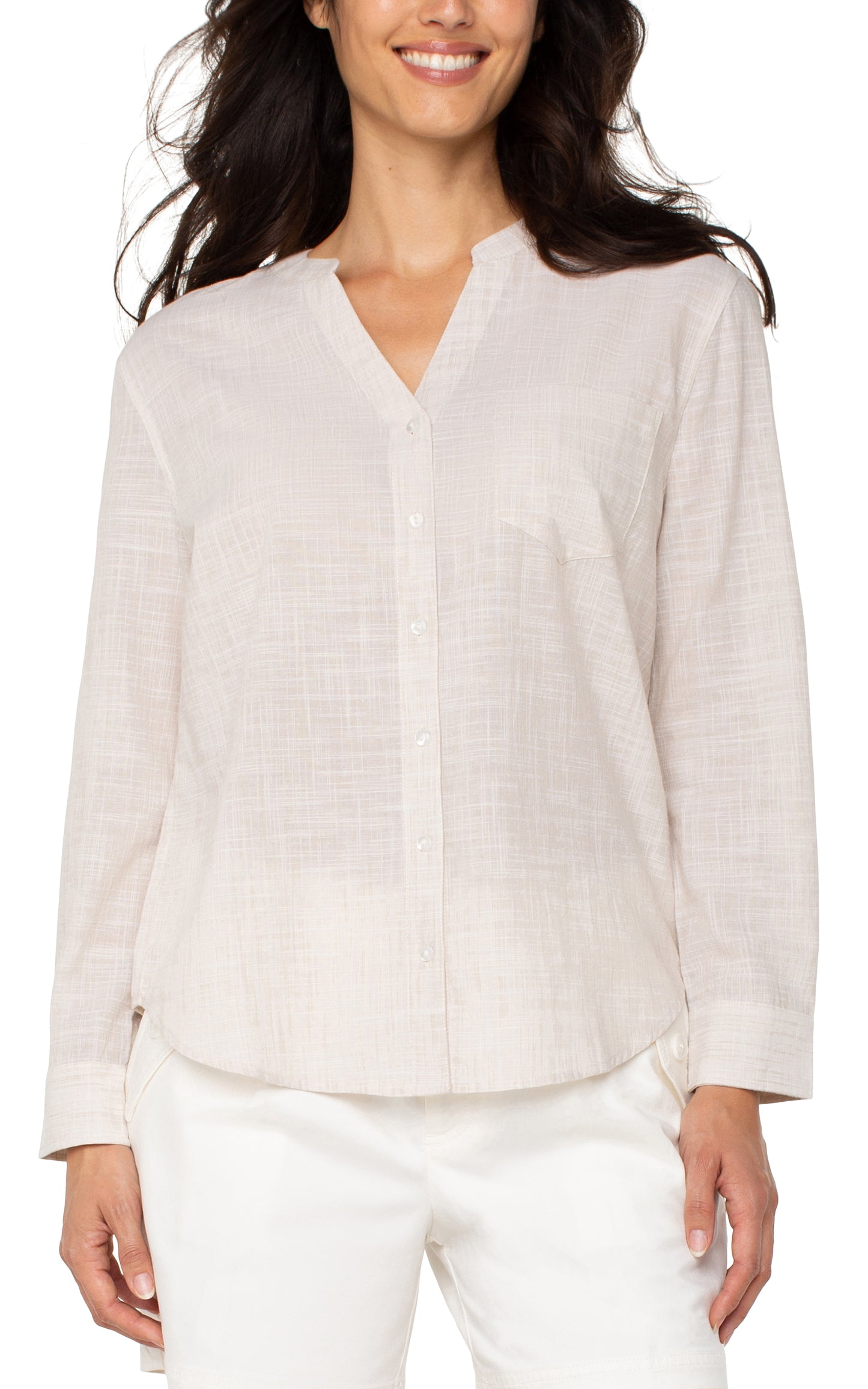 Liverpool Long Sleeve Button Front Woven Shirt w/ Banded Collar (Tan White)