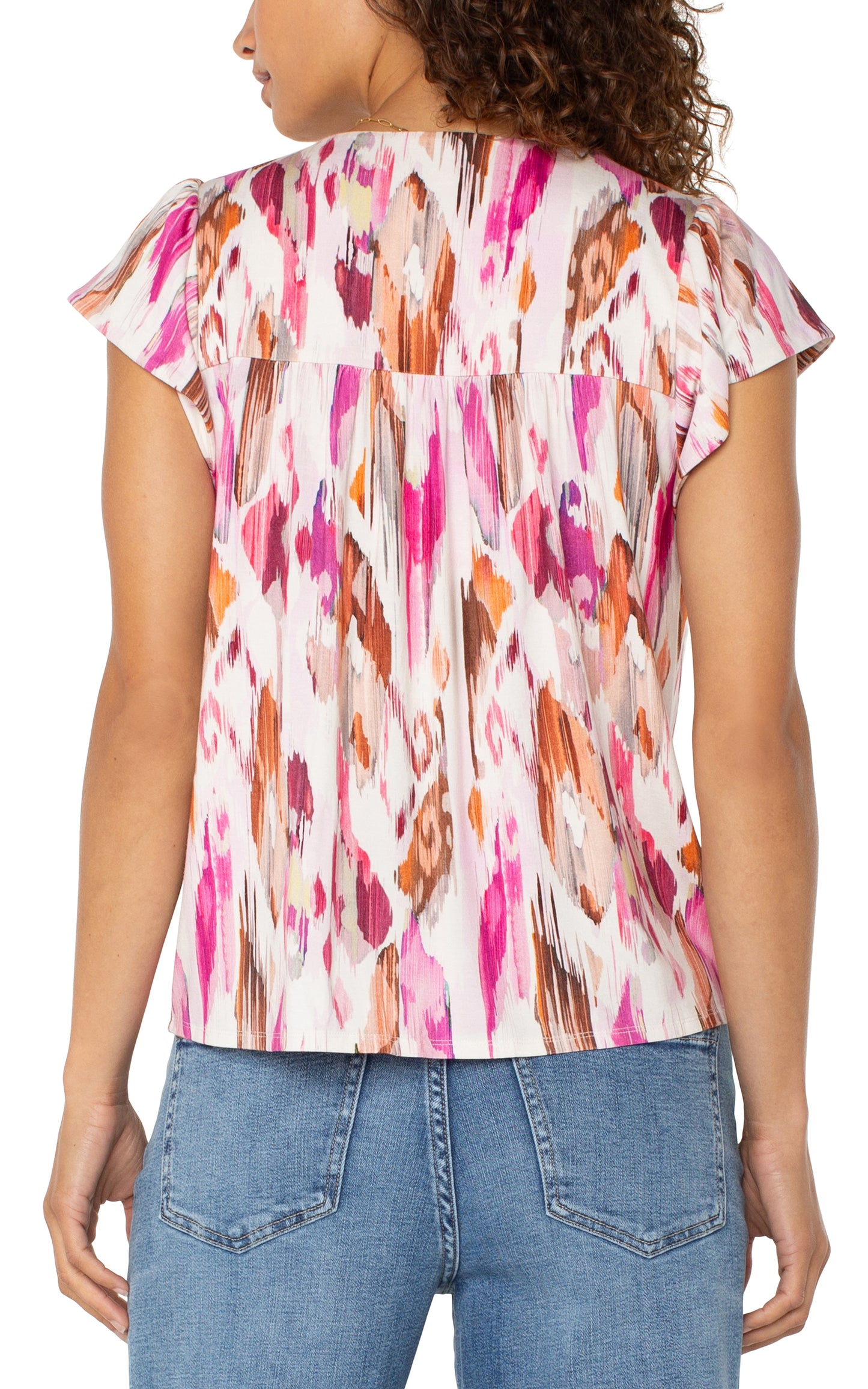 Liverpool Flutter Sleeve Button Front Knit Top (Pink Painted Ikat)