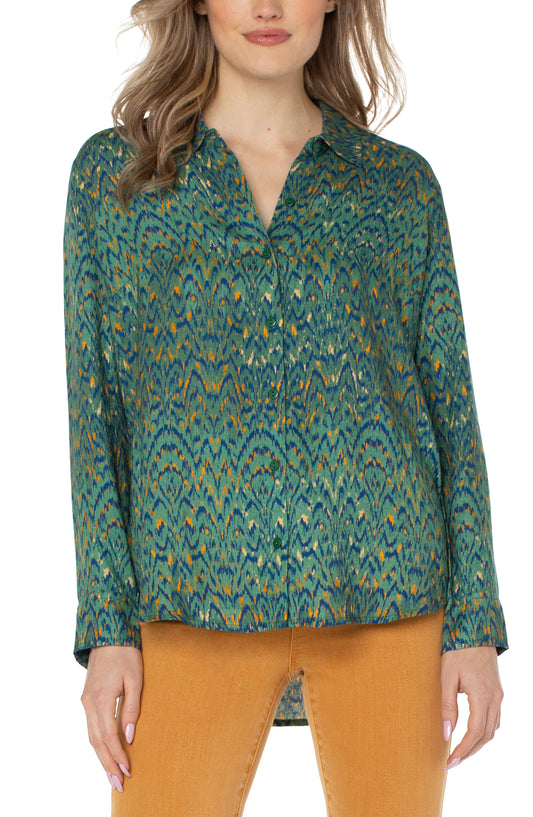 Liverpool Button Up Woven Blouse (Emerald Ikat)