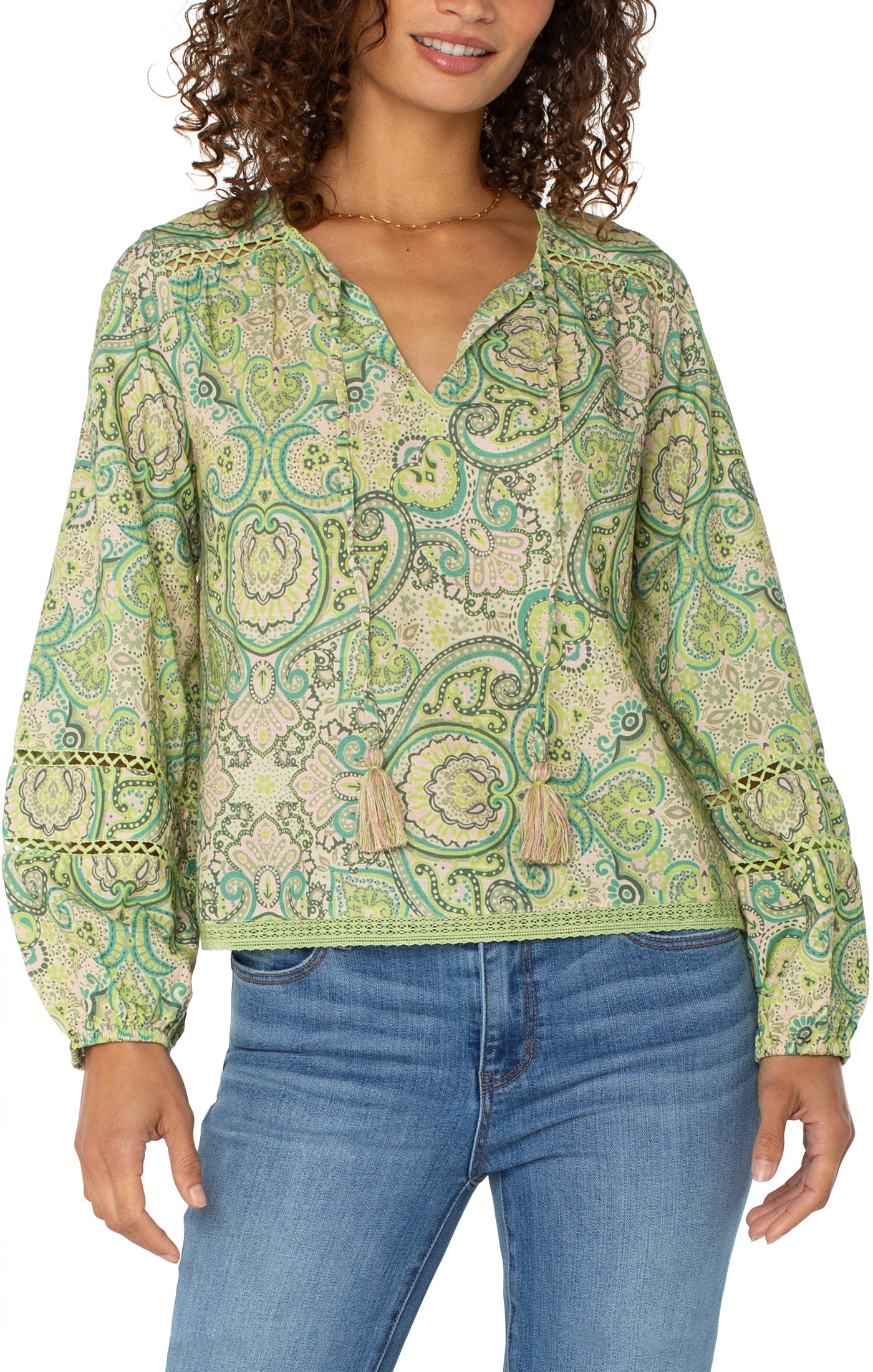 Liverpool Long Sleeve Shirred Woven Tie Front Top with Trim (Green Pink Paisley)