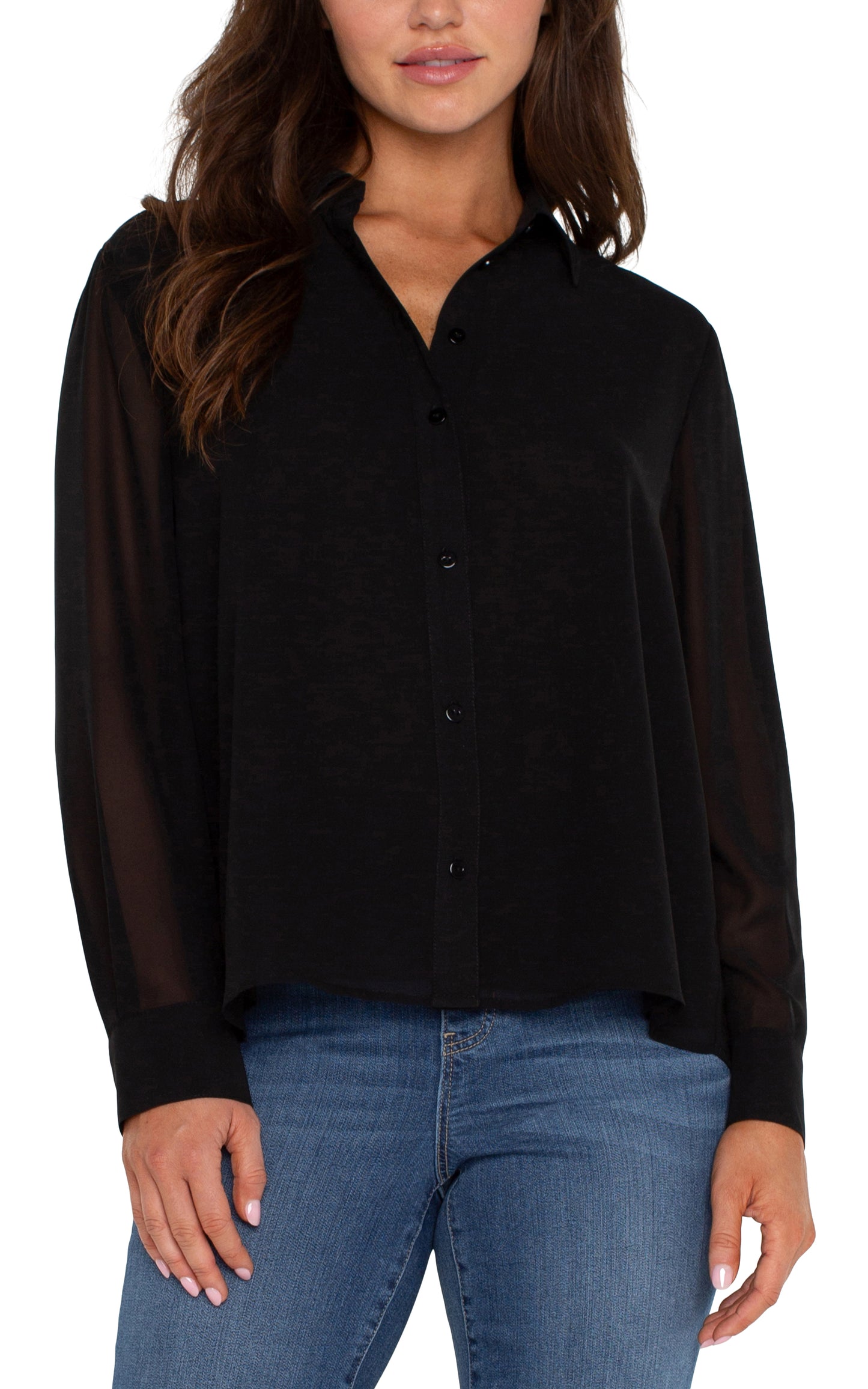 Liverpool Long Sleeve Woven Shirt w/ Pleat Back Detail (Black)