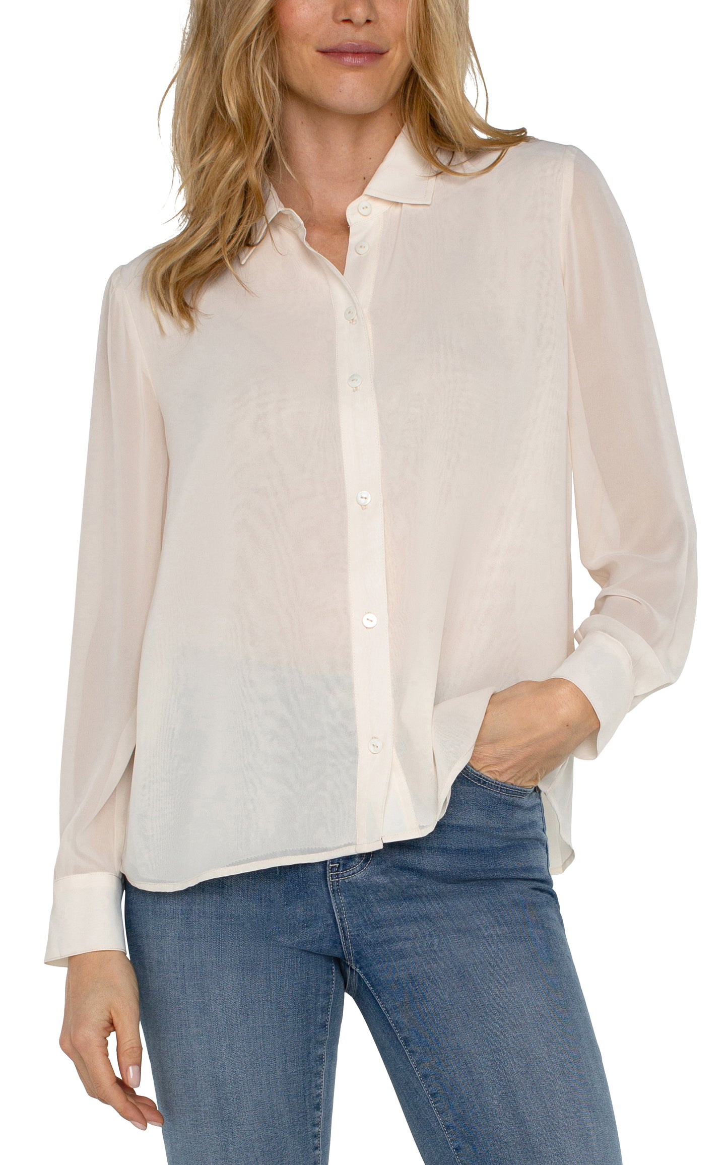 Liverpool Long Sleeve Woven Shirt w/ Pleat Back Detail (Cream)