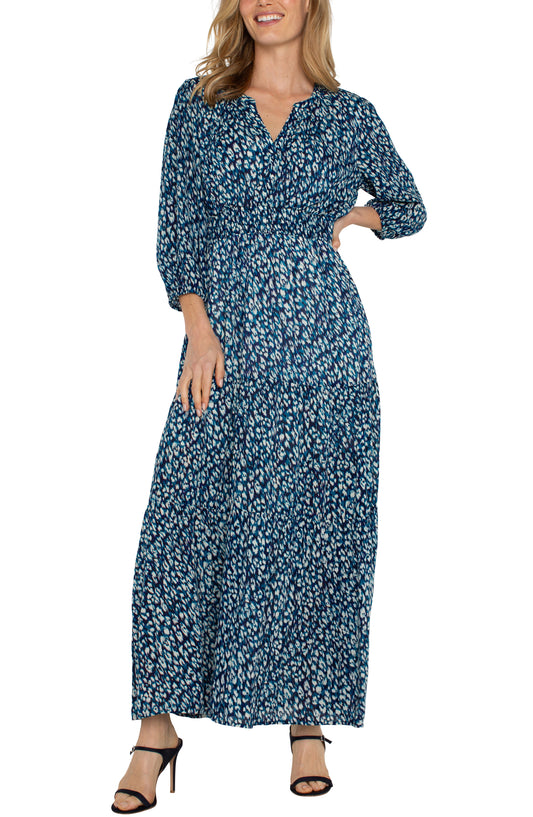 Liverpool 3/4 Sleeve Tiered Woven Maxi Dress (Blue Topaz Animal)