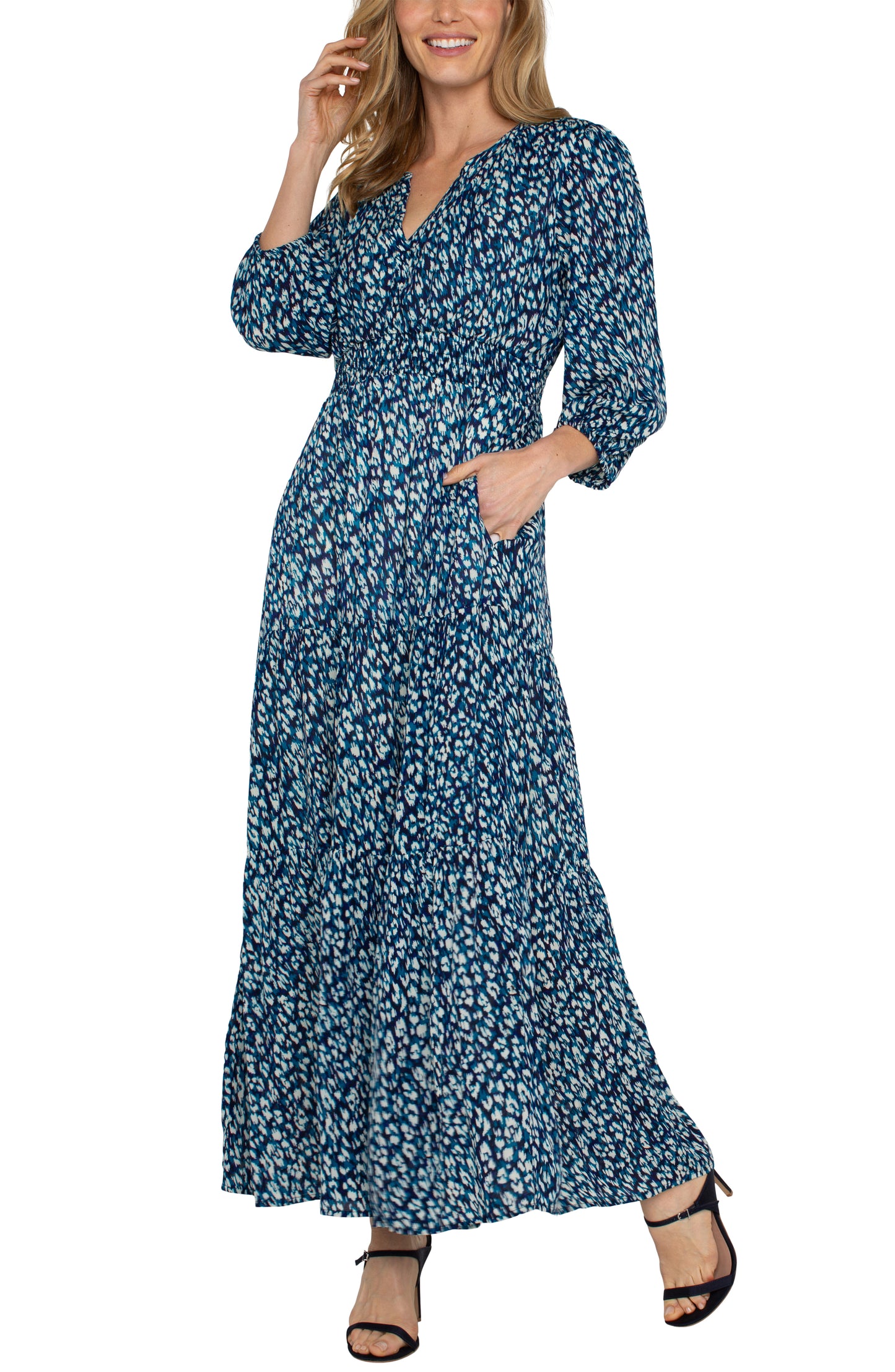 Liverpool 3/4 Sleeve Tiered Woven Maxi Dress (Blue Topaz Animal)