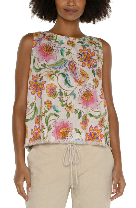 Liverpool Sleeveless Woven Top w/ Button Back & Fray Hem (pink multi floral)