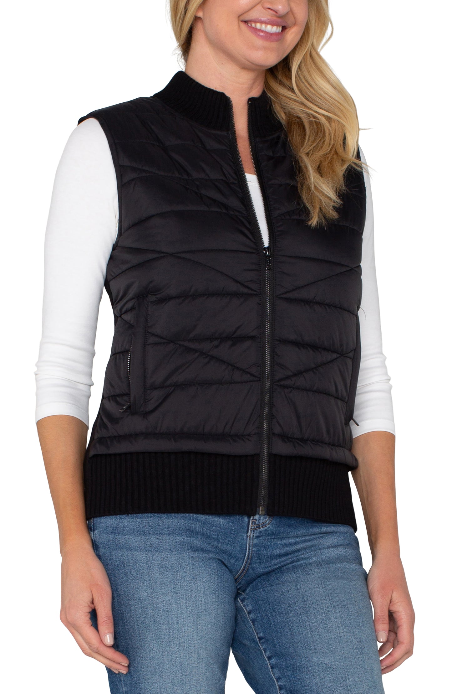 Liverpool Sleeveless Quilted Front Full Zip Sweater Vest (Black)