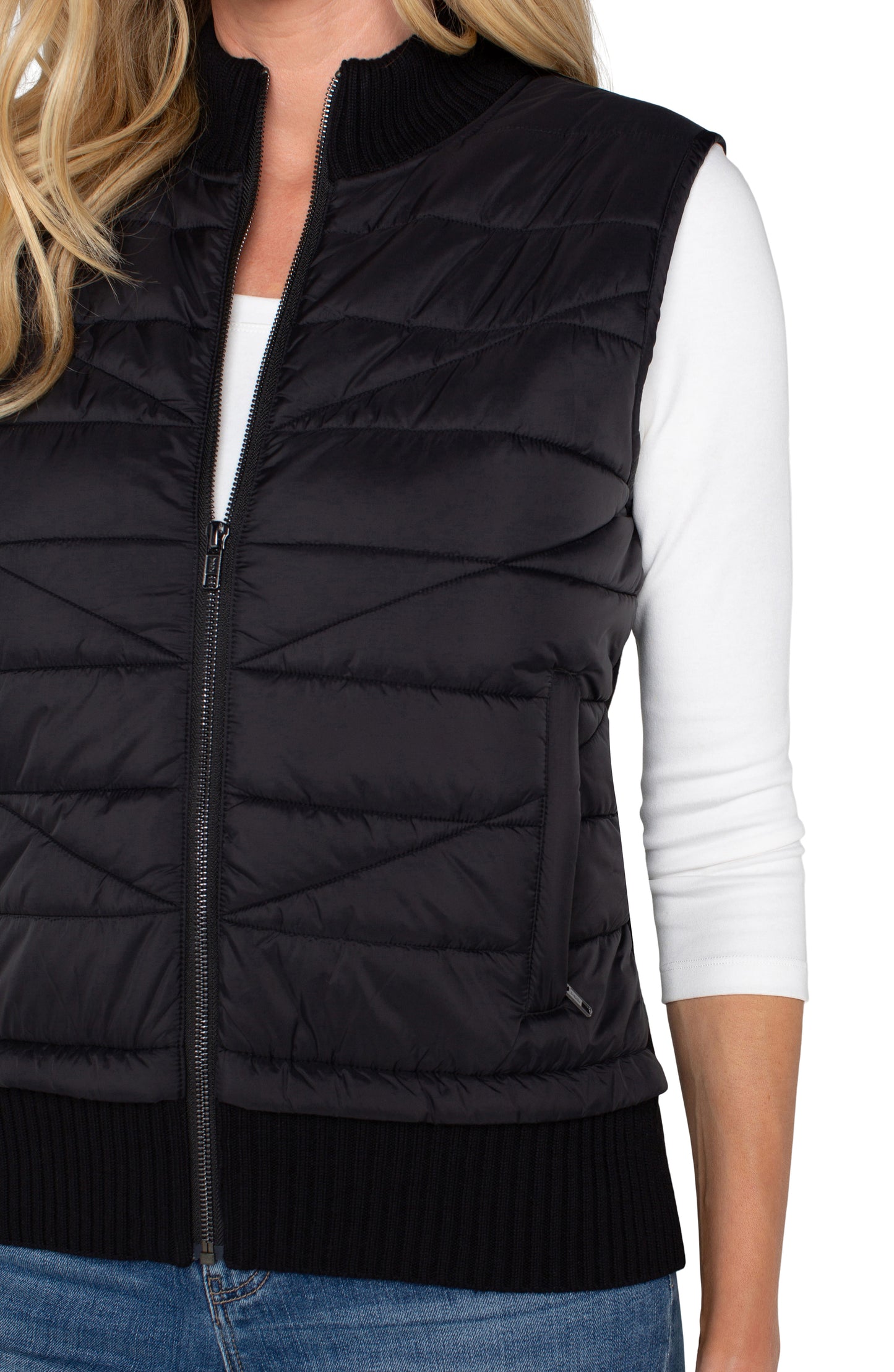 Liverpool Sleeveless Quilted Front Full Zip Sweater Vest (Black)