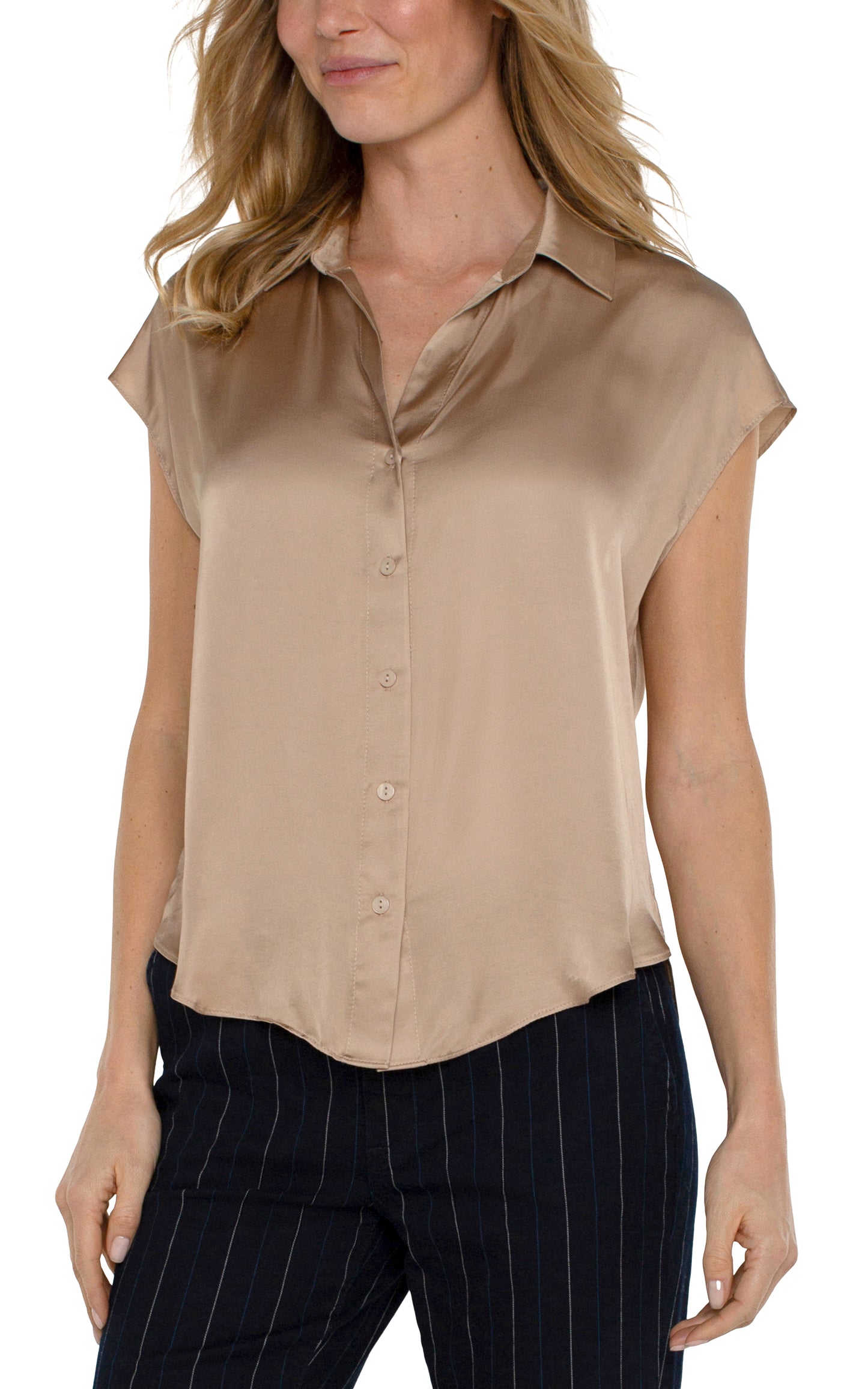 Liverpool Sleeve Collared Button Front Woven Blouse (Champagne)