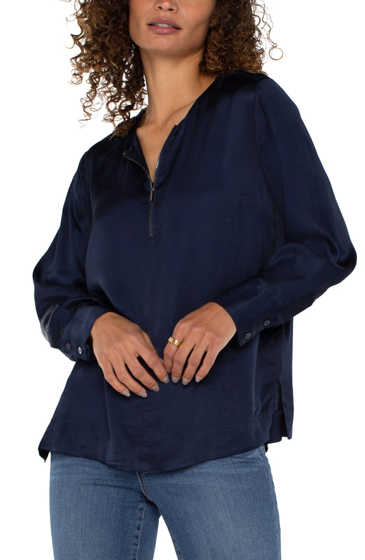 Liverpool Long Sleeve Zip Front Woven Blouse (Dark Navy)