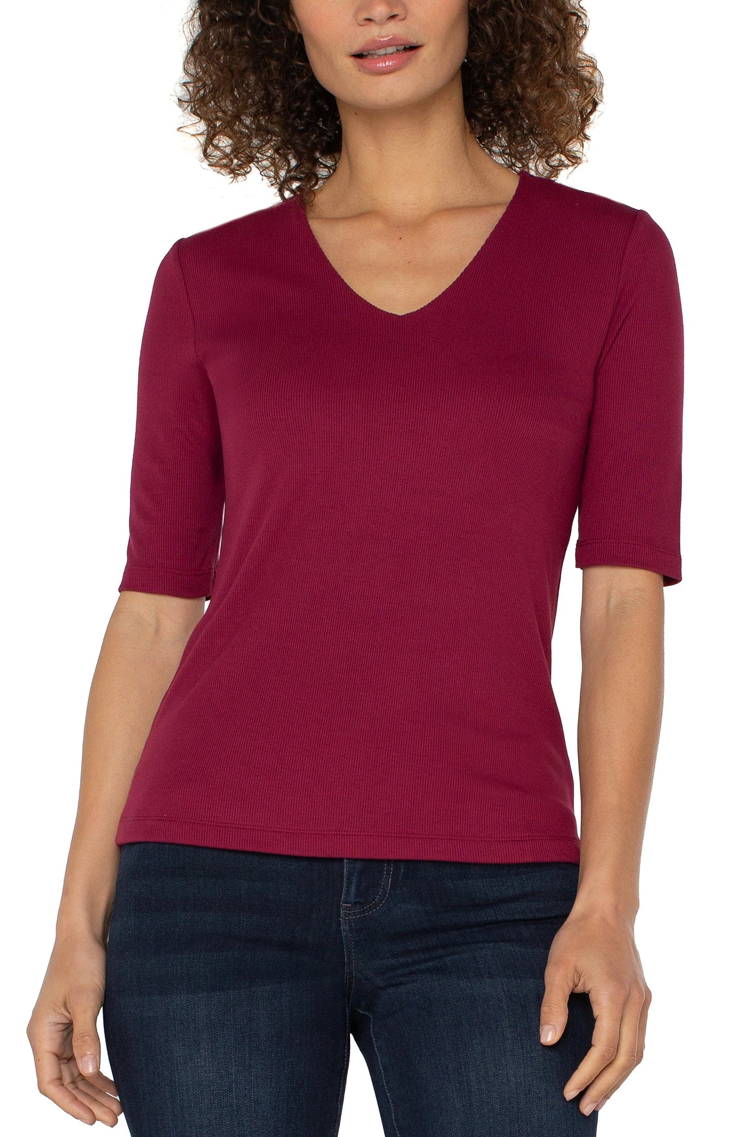 Liverpool Double Layer V-neck Rib Knit Top (Cherry)