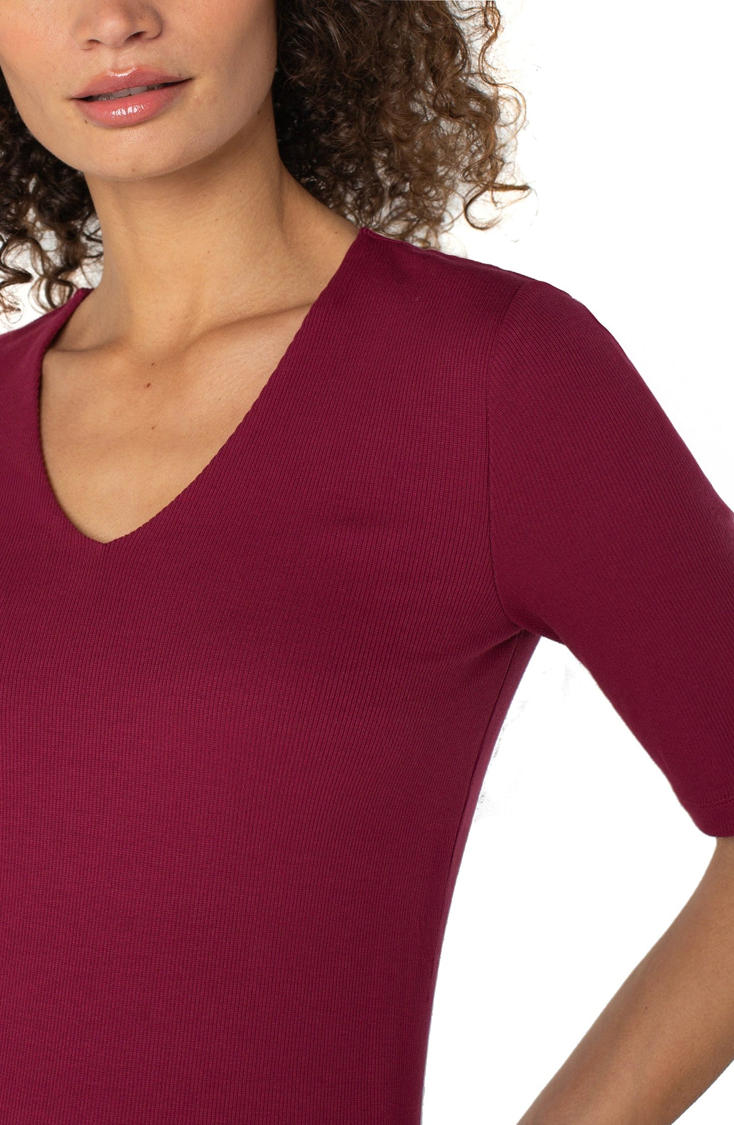 Liverpool Double Layer V-neck Rib Knit Top (Cherry)