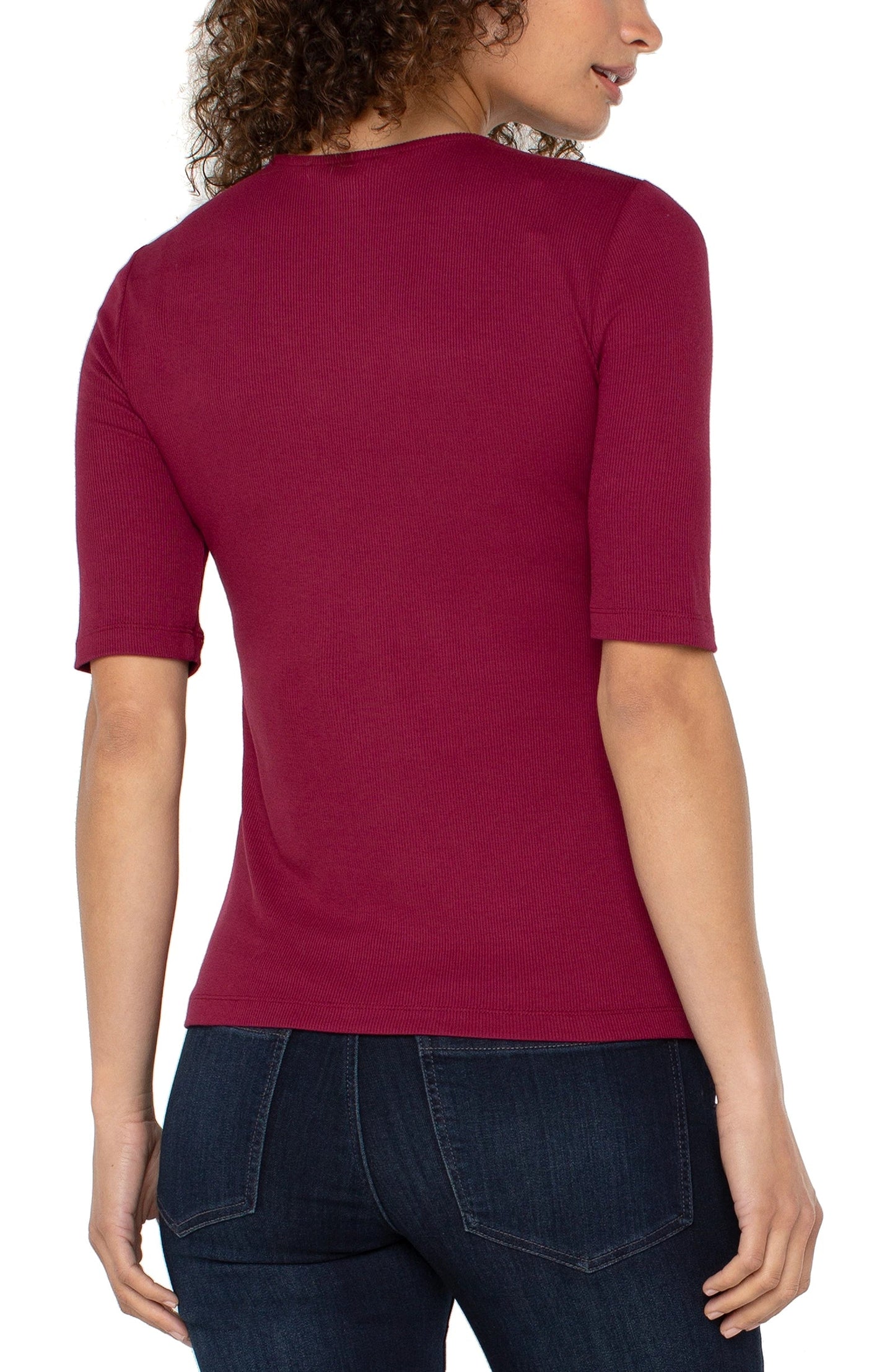 Liverpool Double Layer V-neck Rib Knit Top (Cherry)
