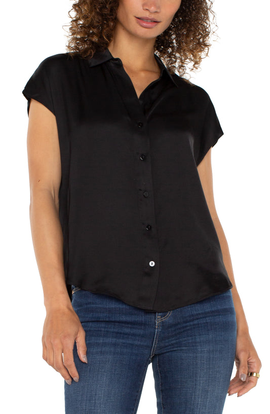 Liverpool Dolman Sleeve Collared Button Front Woven Blouse (Black)