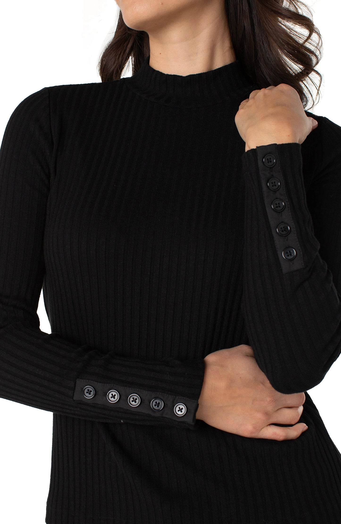 Liverpool Long Sleeve Mock Neck Knit Top W/ Button Detail (Black)