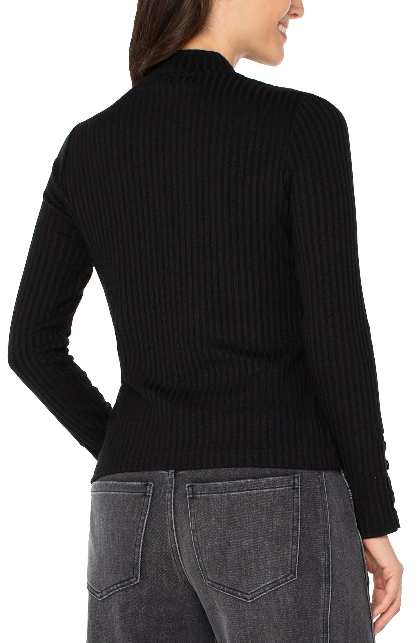 Liverpool Long Sleeve Mock Neck Knit Top W/ Button Detail (Black)